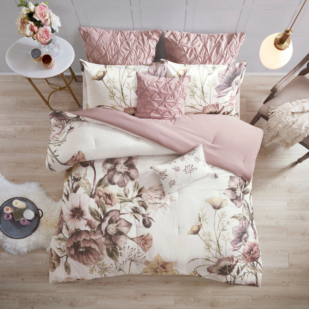 8 Piece Cotton Printed Comforter Set Blush California King