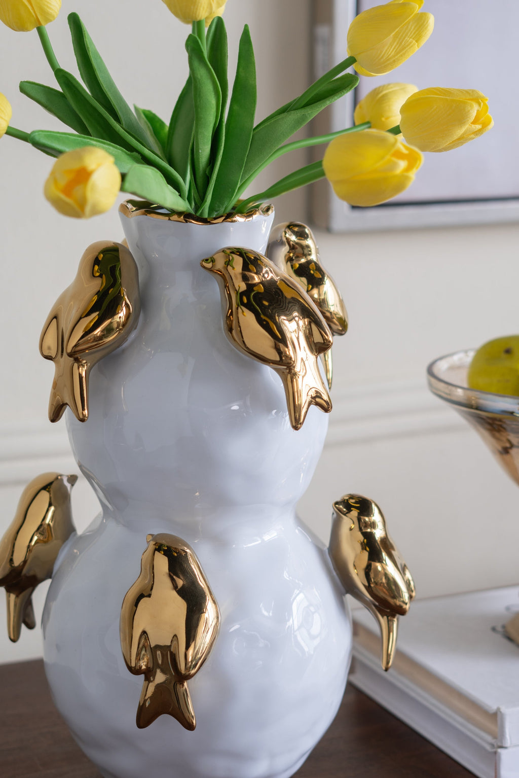 8.5x8.5x14 White Two-Tiered Ceramic Vase with Gold Bird Accents