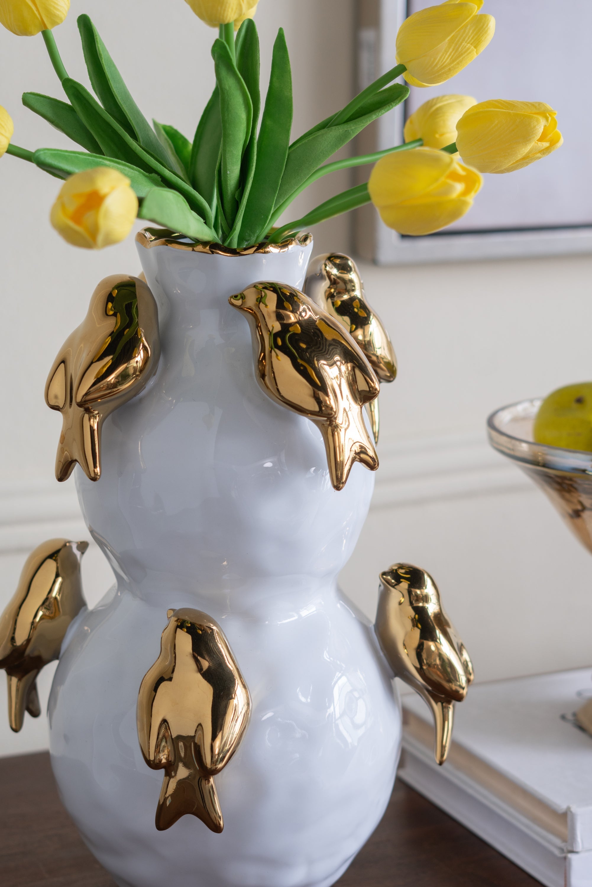 8.5x8.5x14 White Two-Tiered Ceramic Vase with Gold Bird Accents