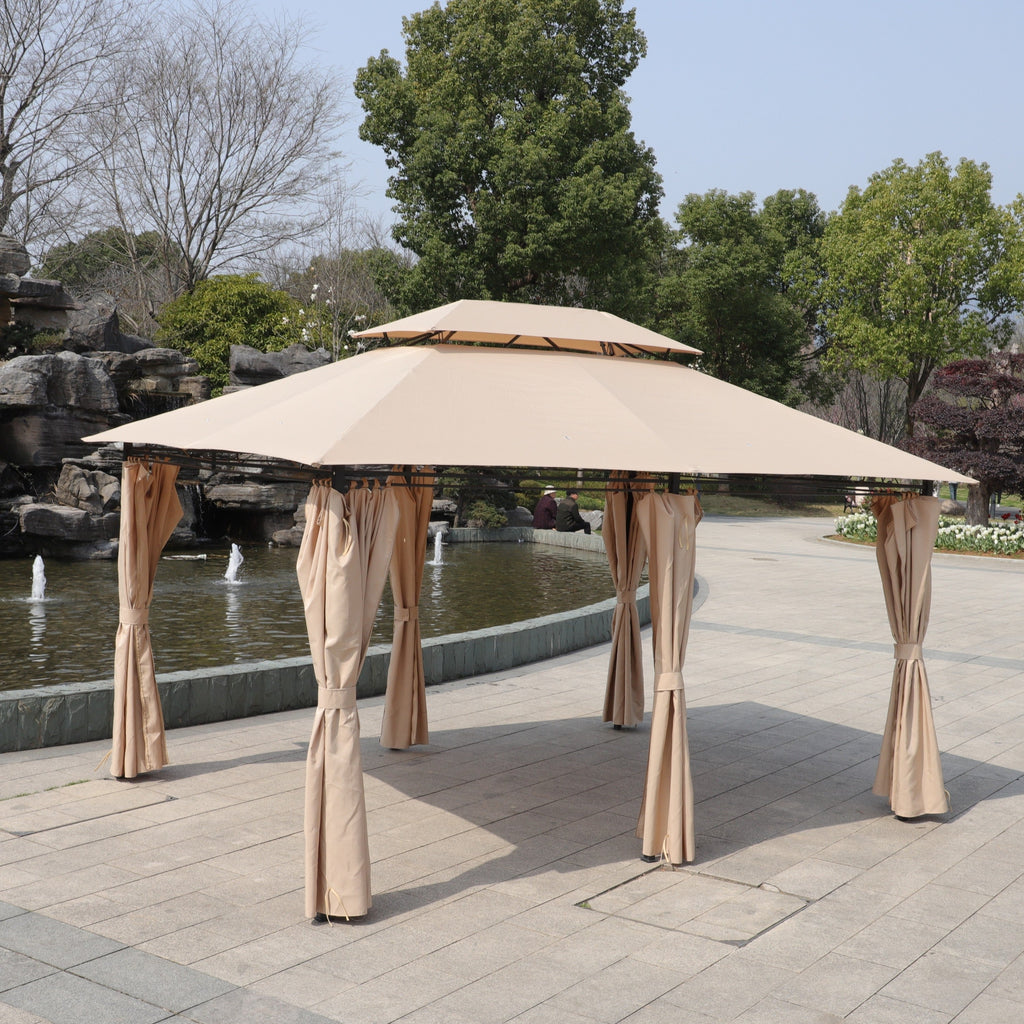 Khaki Outdoor Patio Gazebo Canopy Tent with Ventilated Double Roof