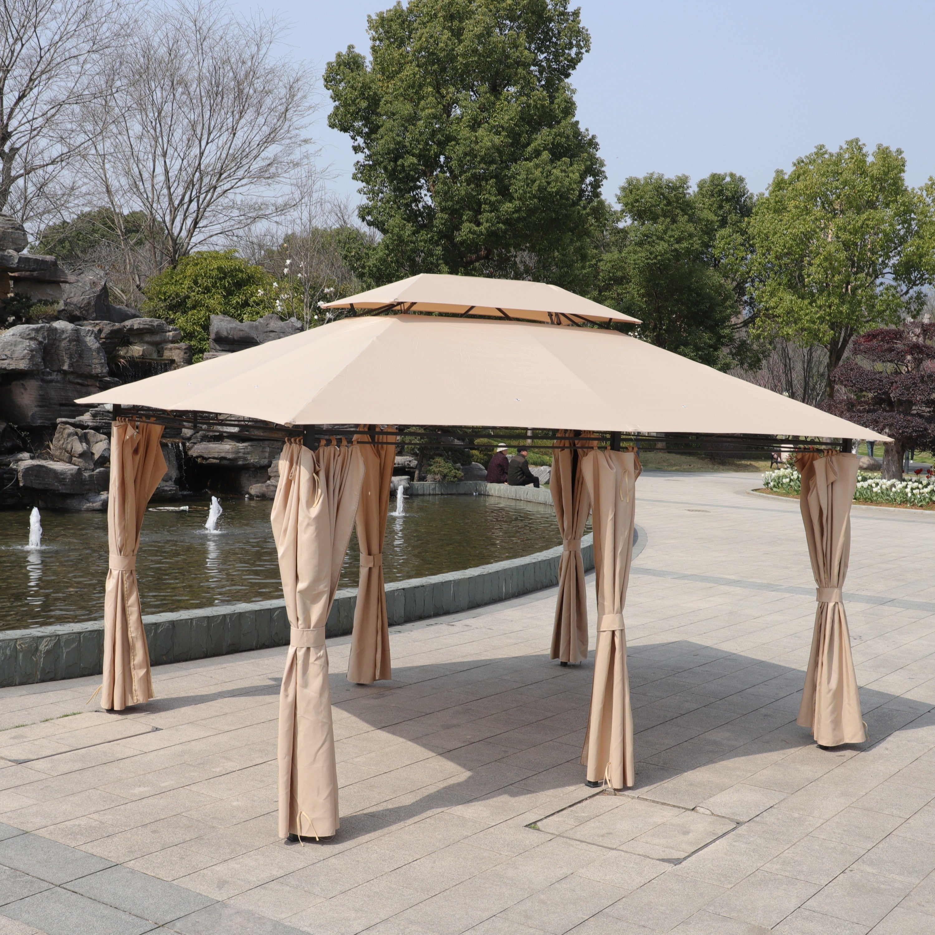Khaki Outdoor Patio Gazebo Canopy Tent with Ventilated Double Roof