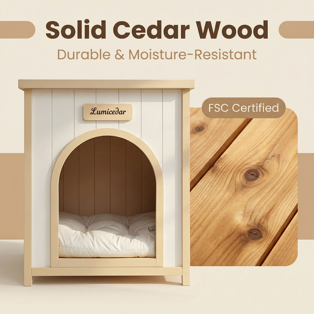 Indoor Dog House With Removable Cushion, Pet House For Cats & Small Dogs - Cream White / Light Yellow