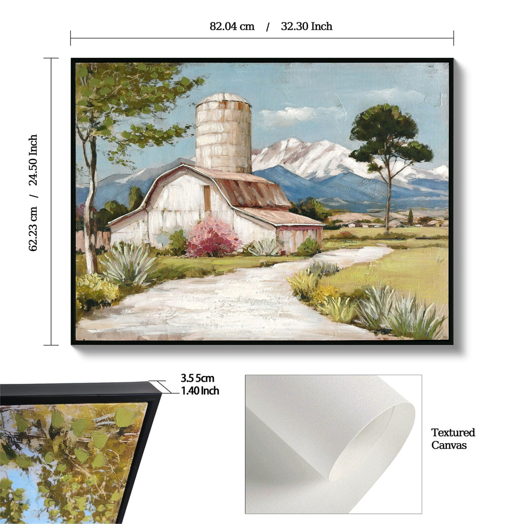 Framed Canvas Wall Art Beautiful Field Painting Wildflower Barn Print Nature Scenery Picture For Home - Blue / Pink