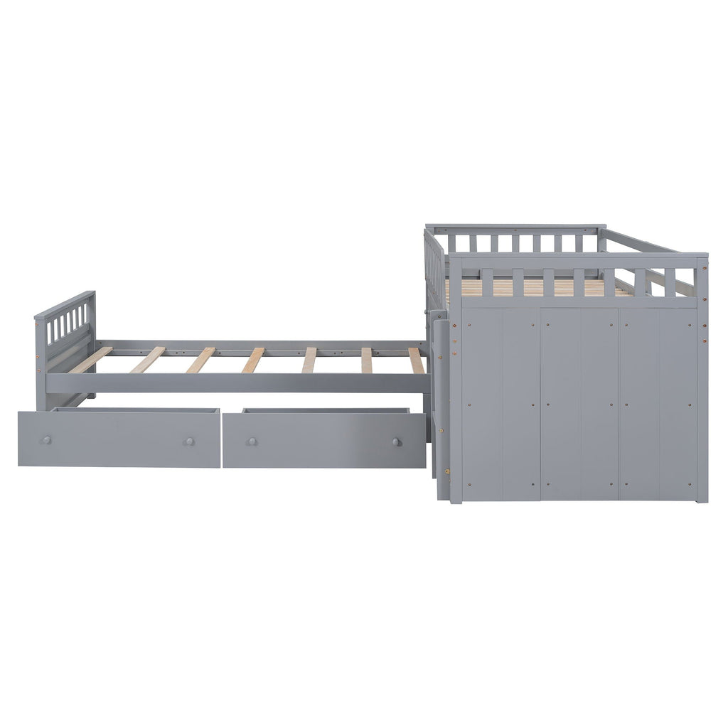 Loft Platform Bed With 7 Drawers And Full Guardrails, Modern L Shaped Space Savin