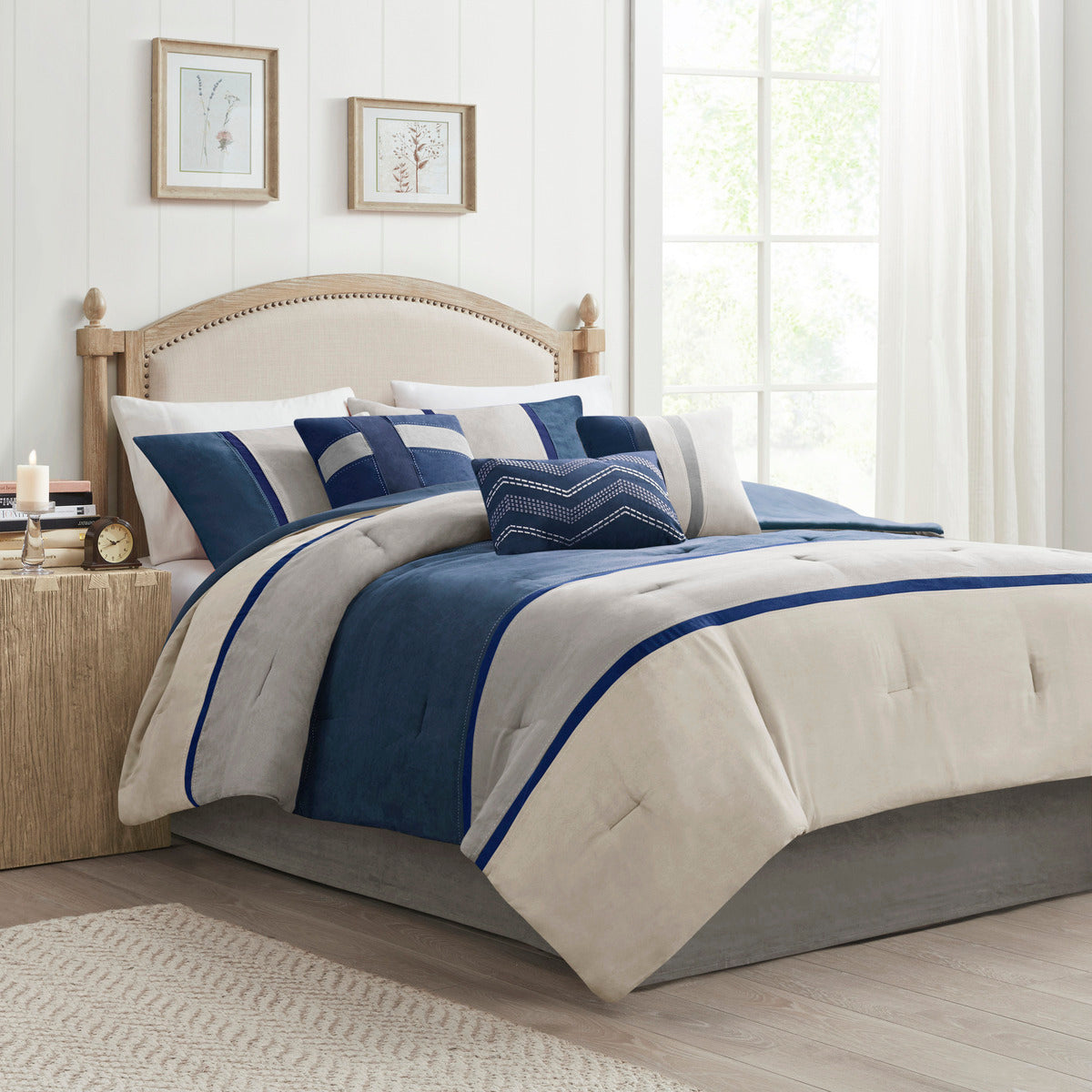 7 Piece Faux Suede Comforter Set Blue Queen