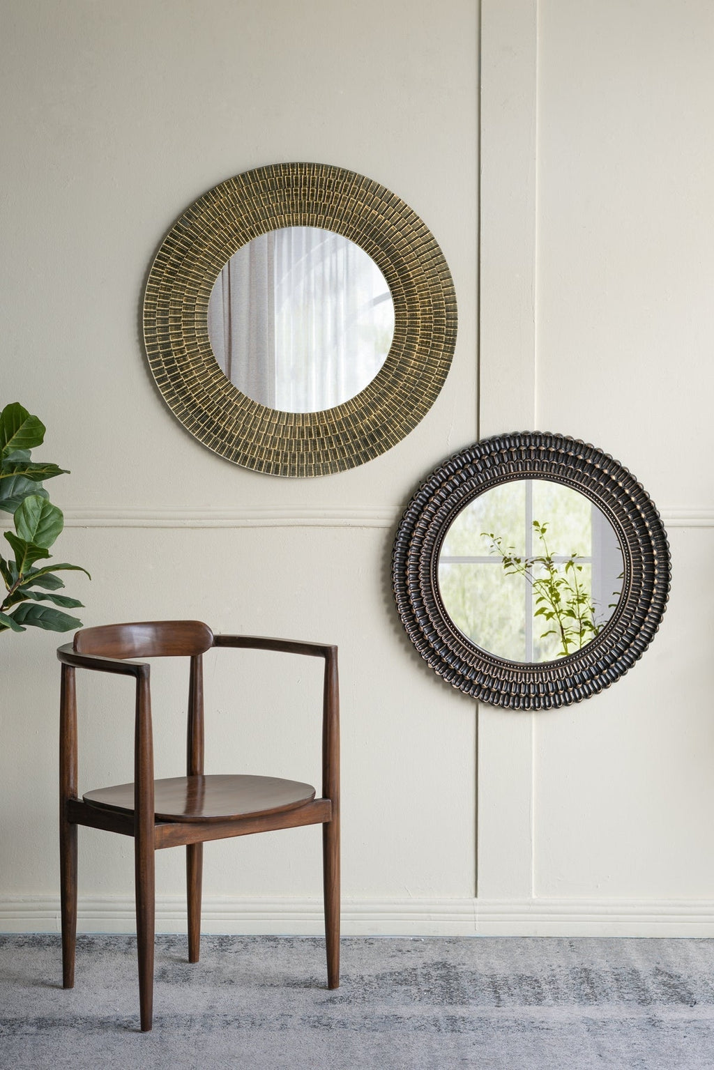 29.5" Round Gold and Black Wooden Accent Mirror with Woven Texture