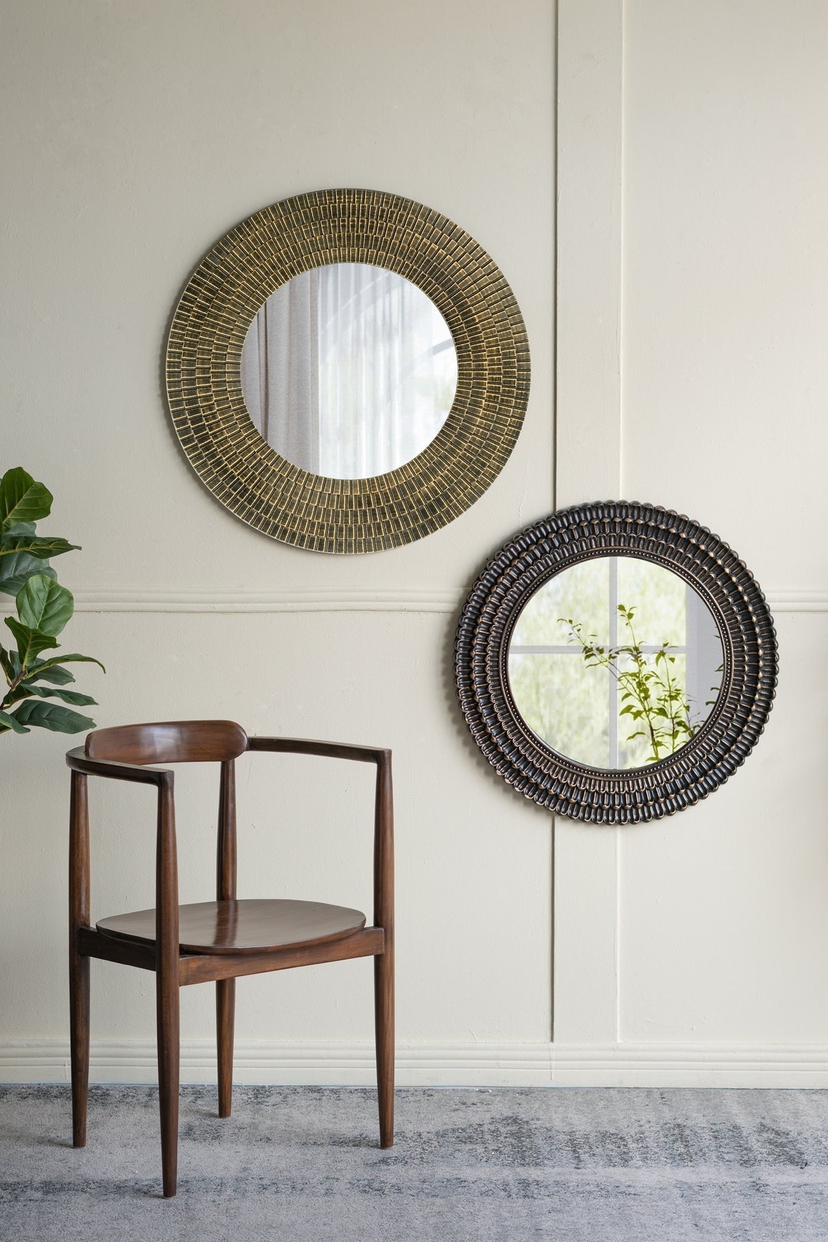 29.5" Round Gold and Black Wooden Accent Mirror with Woven Texture