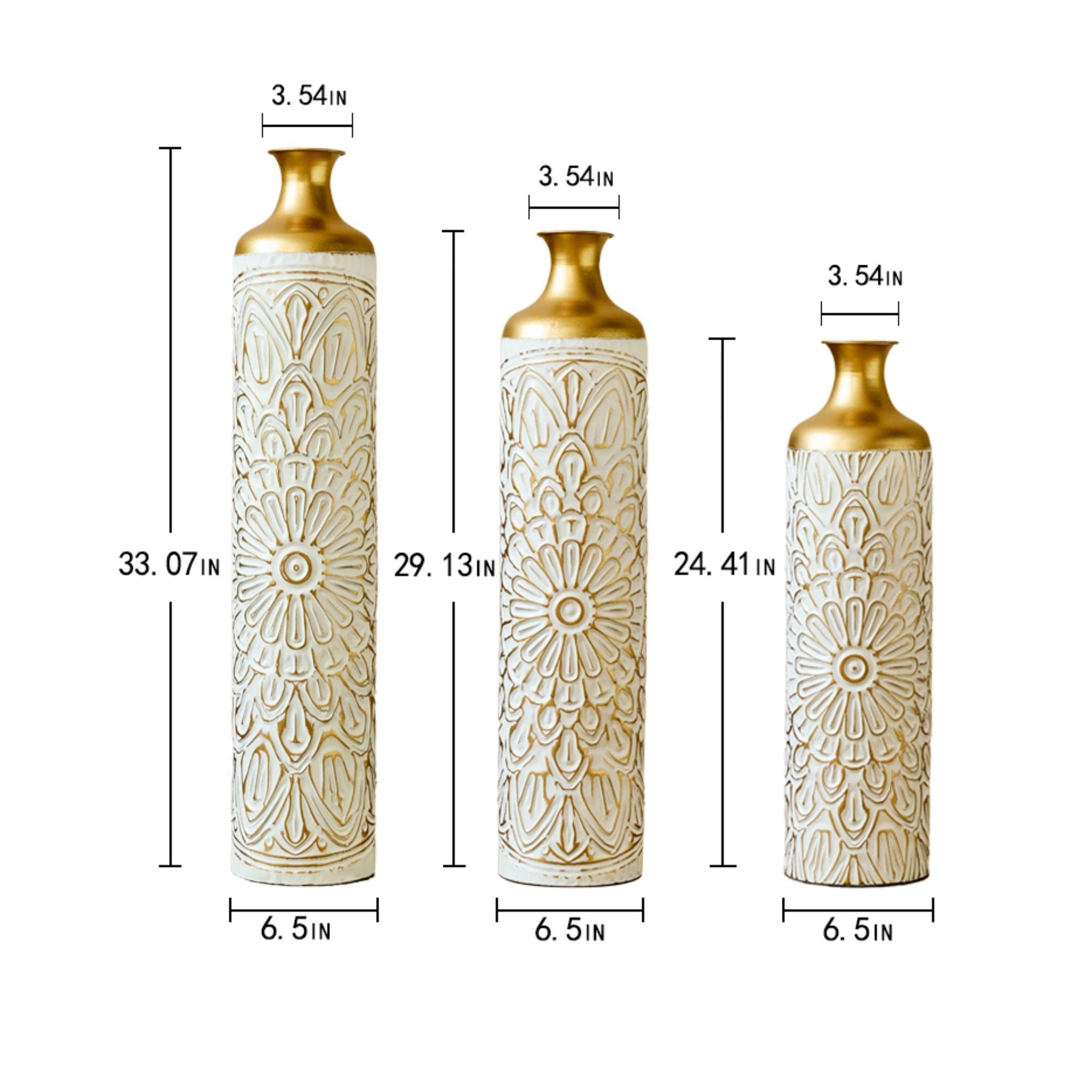 3 Piece Home Decoration Large Glazed Floor Vases - Gold / White