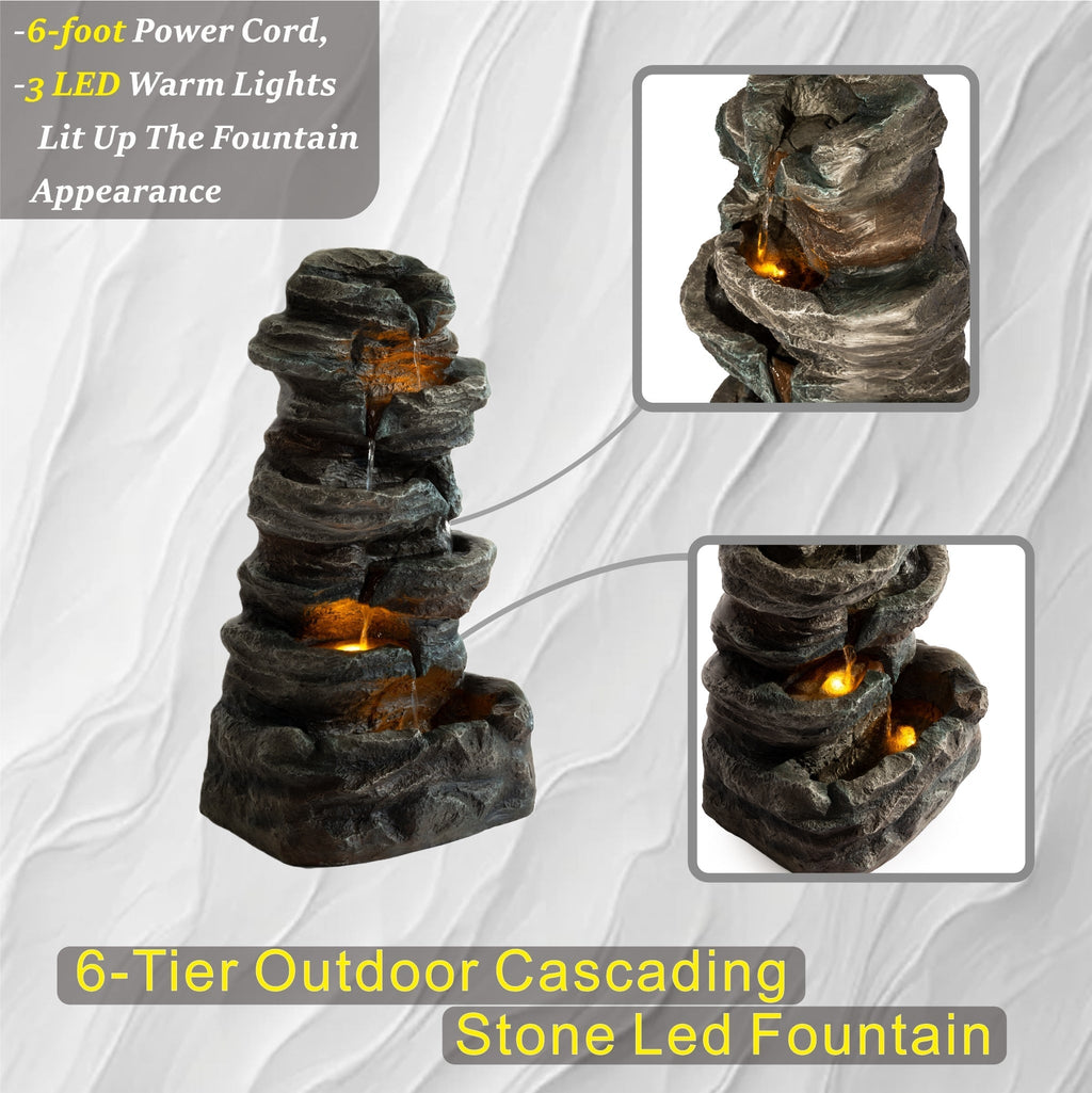 6-Tier Outdoor Cascading Stone Water Fountain with 3 LED Lights