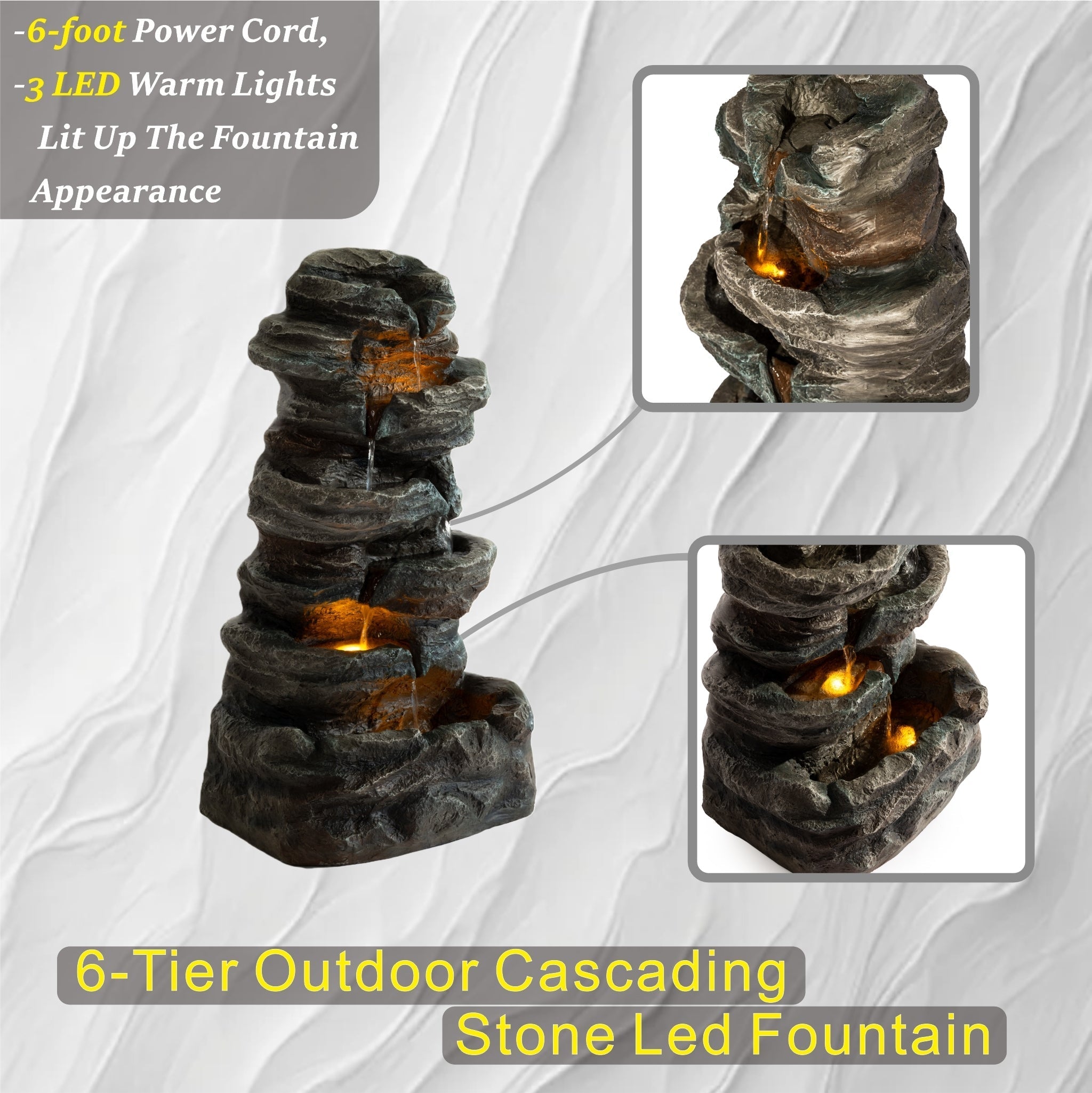 6-Tier Outdoor Cascading Stone Water Fountain with 3 LED Lights