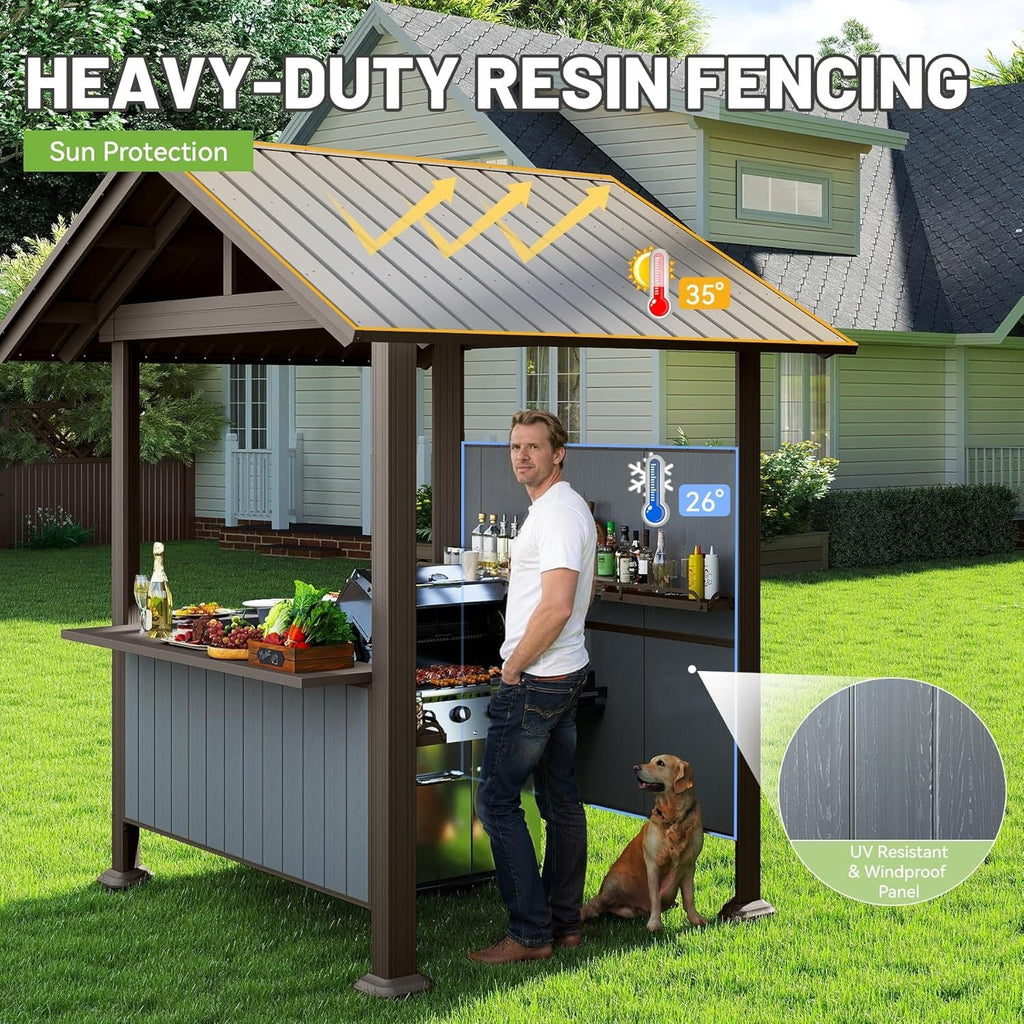 9.4x6.2 FT Hardtop Grill Gazebo with Storage Shelves & Resin Shade System