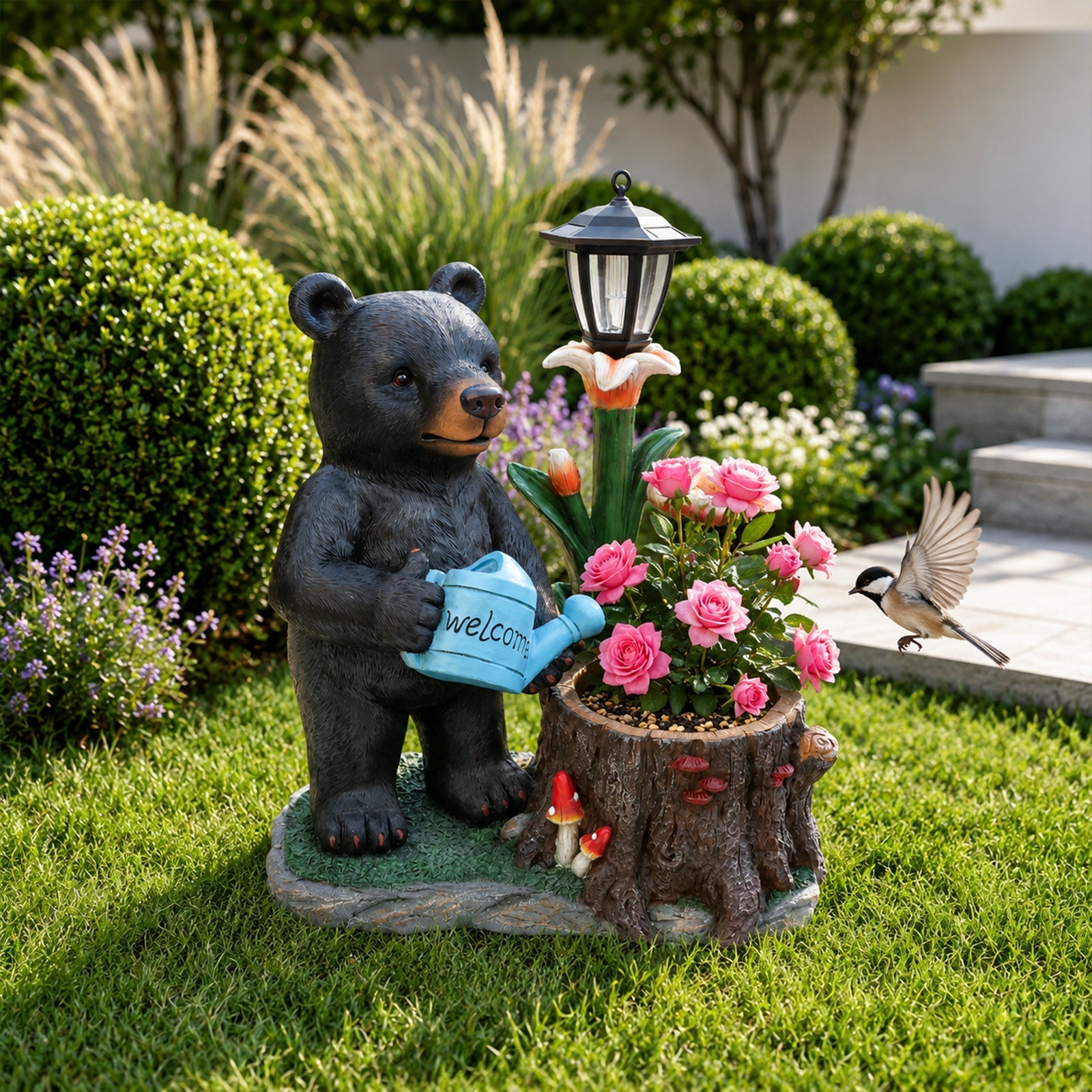 Standing Black Bear Garden Planter with Decorative Solar Lantern