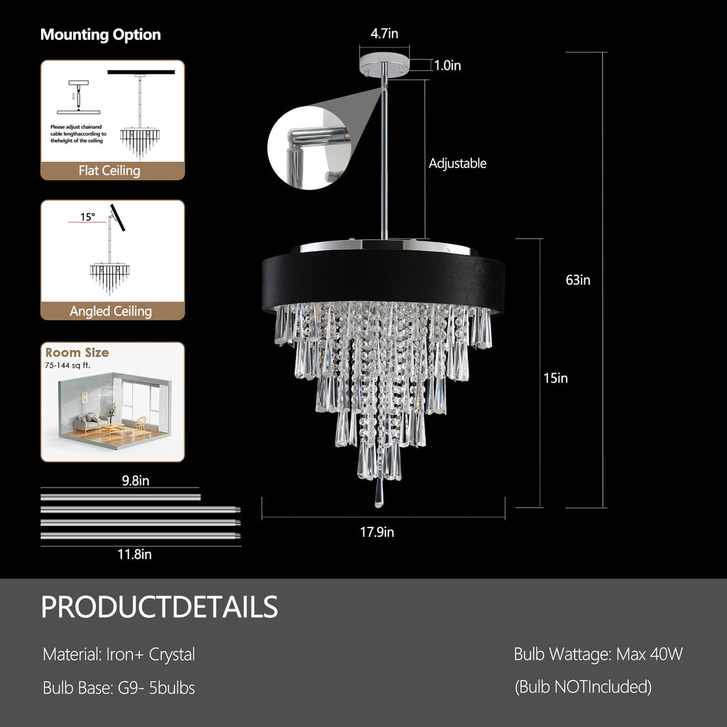 18-inch Modern Crystal Chandelier with Black Velvet Shade