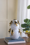 8.5x8.5x14 White Two-Tiered Ceramic Vase with Gold Bird Accents