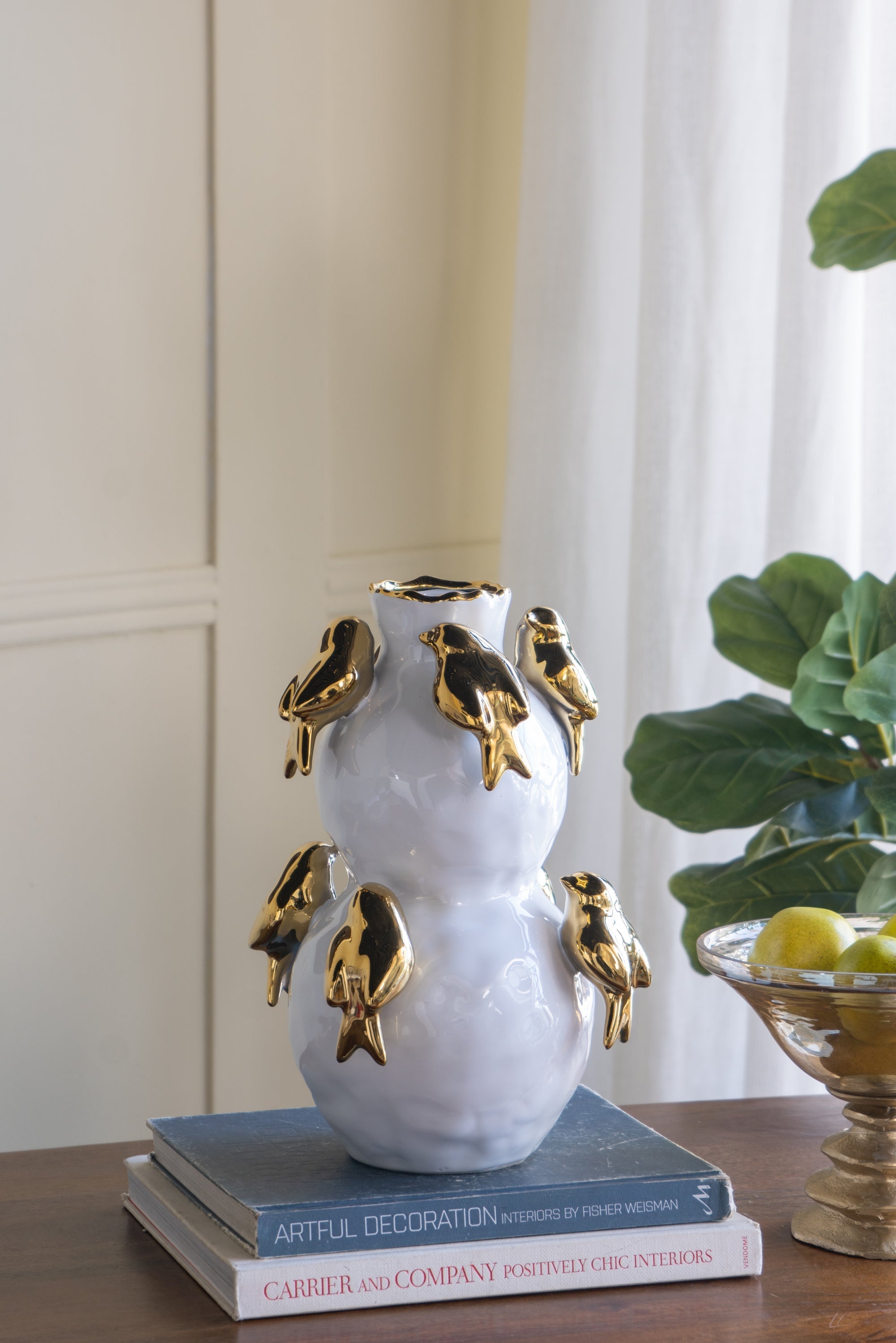 8.5x8.5x14 White Two-Tiered Ceramic Vase with Gold Bird Accents