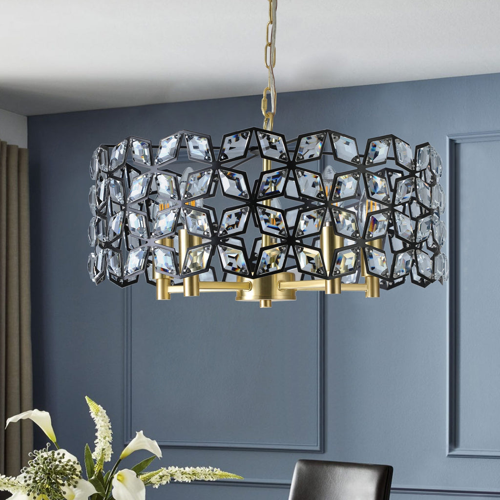 19" Geometric Crystal and Black Gold Round Pendant Chandelier