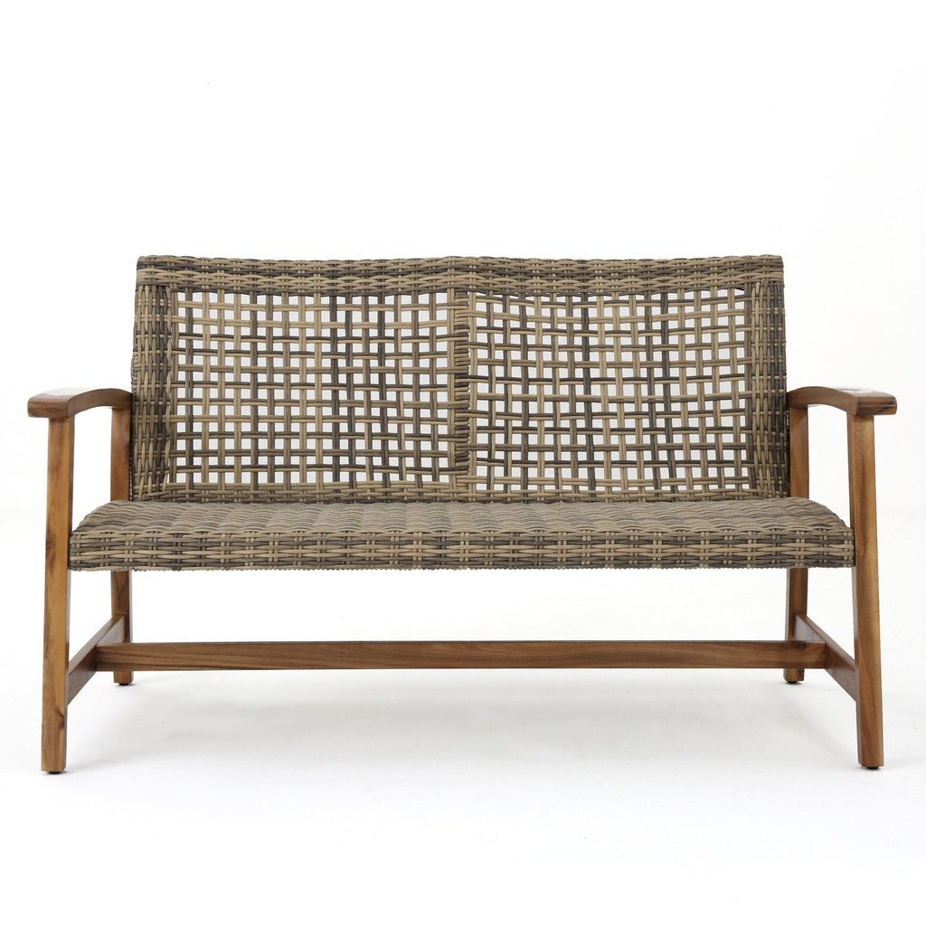 Outdoor Rattan Loveseat with Wooden Legs - Brown