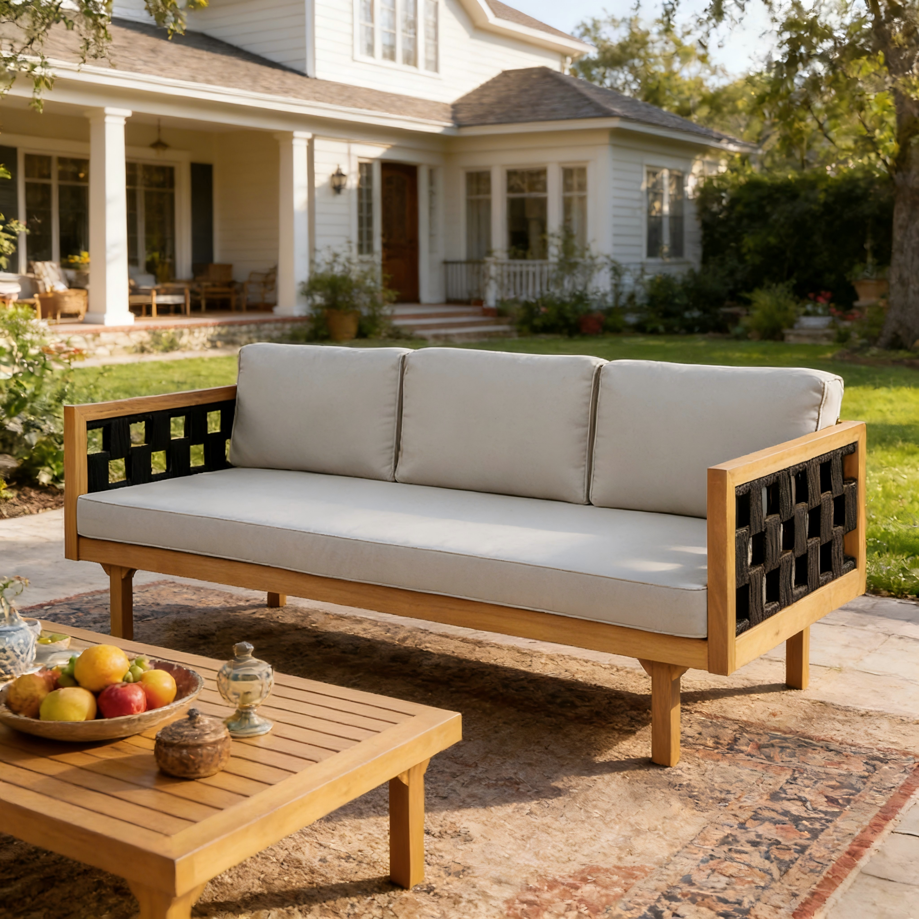 Three-Seater Outdoor Daybed - Acacia Wood Teak Finish Frame