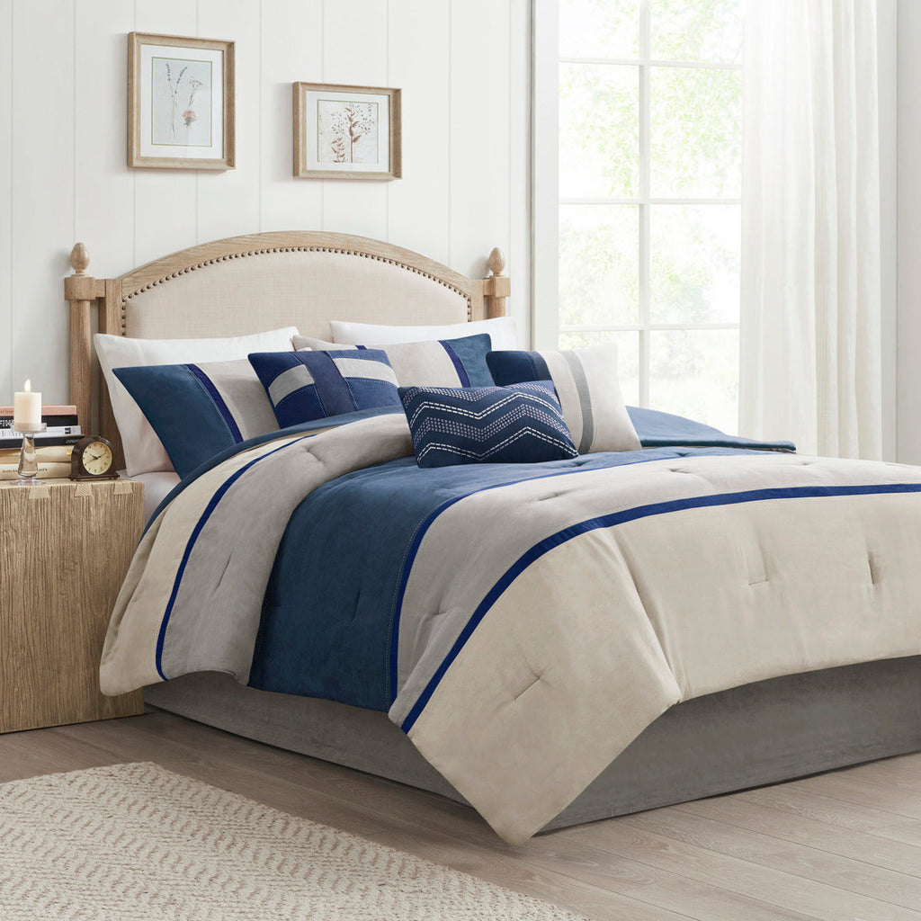 7 Piece Faux Suede Comforter Set Blue California King