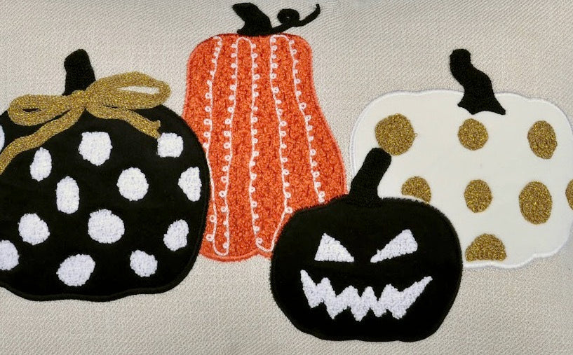 Embroidered Halloween Pumpkin Pillow – Spooky Polka Dot Linen Throw Accent