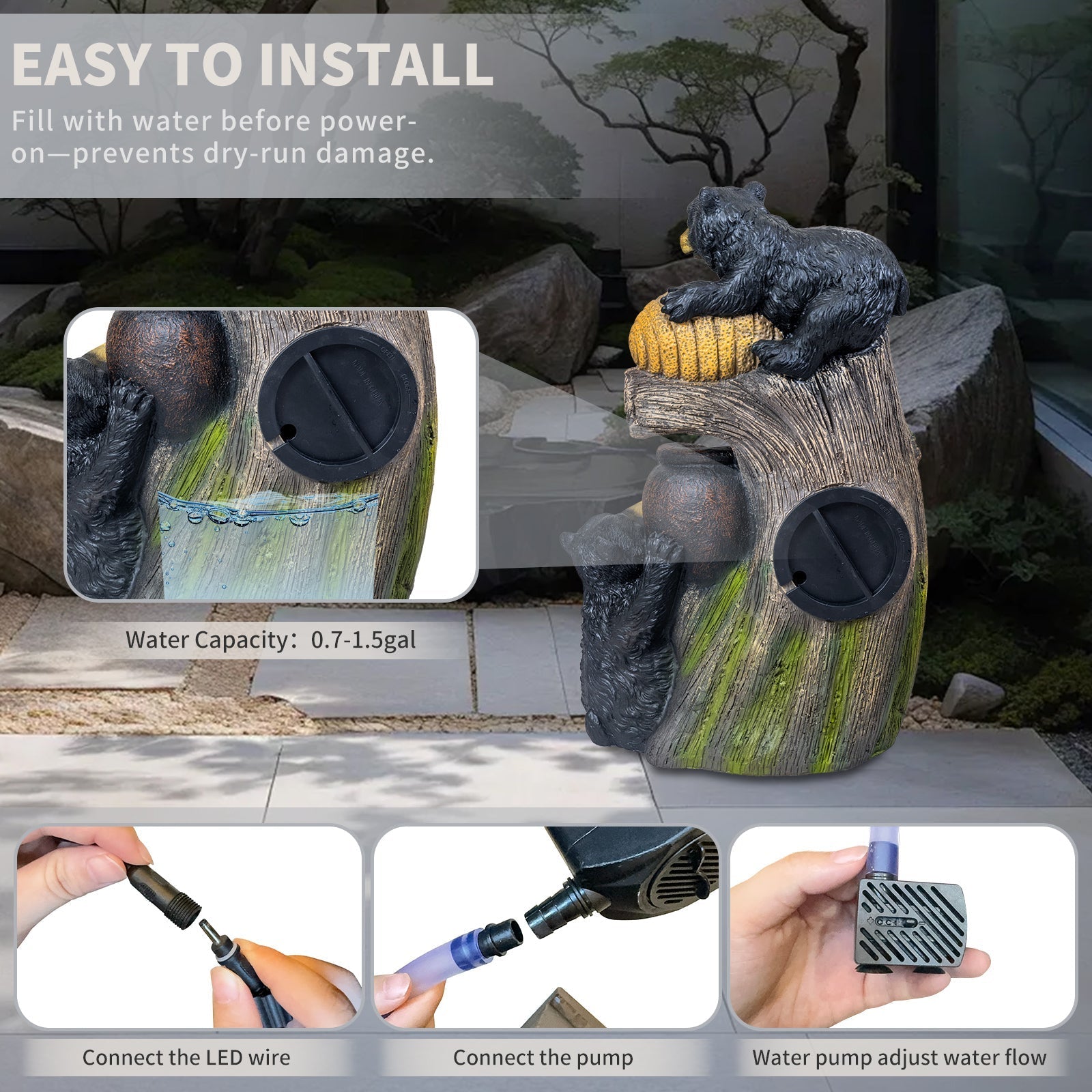 Bear Outdoor Water Fountain with LED Lights