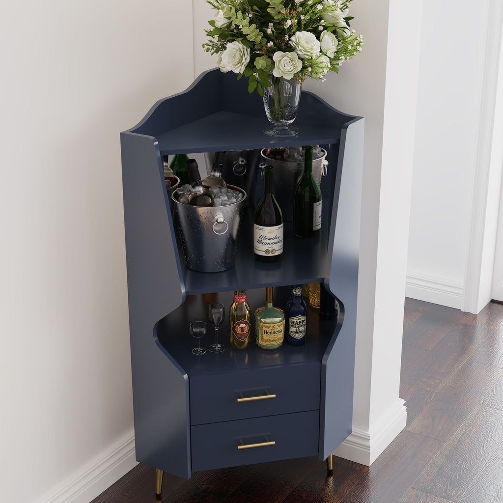 Corner Bar Cabinet With Mirrored Back, 2 Open Shelves & 2 Drawers