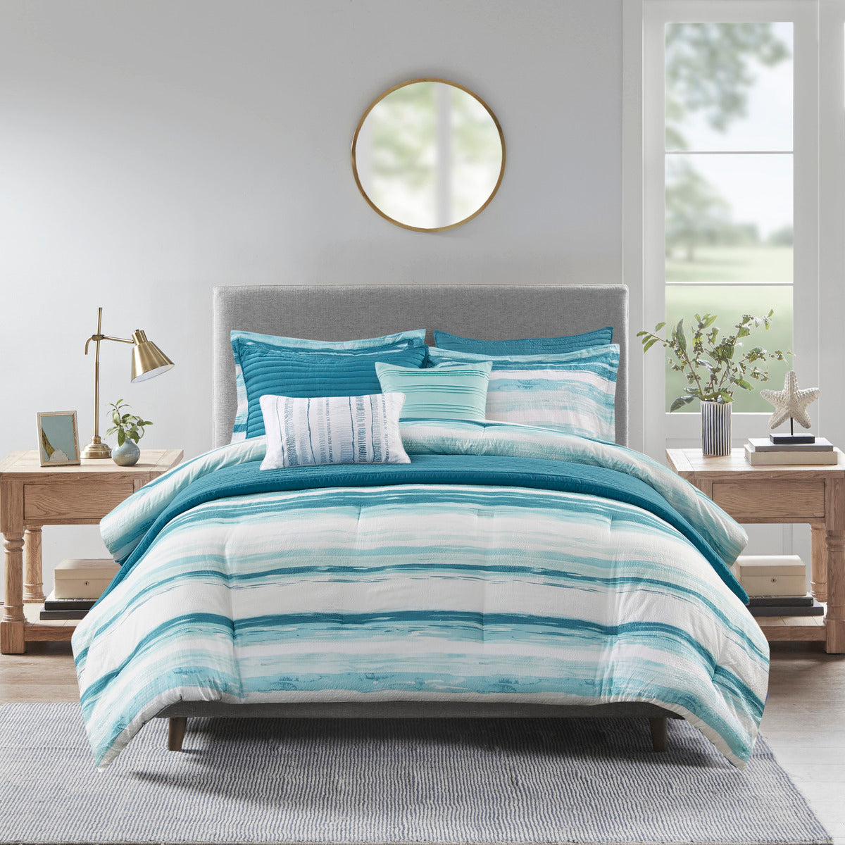 8 Piece Printed Seersucker Comforter and Quilt Set Collection Aqua King/Cal King