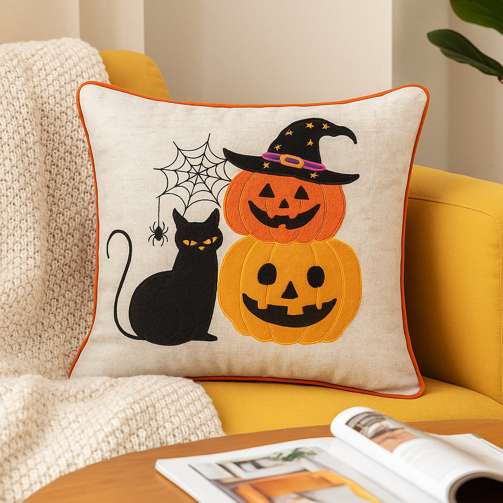 Embroidered Halloween Cat & Pumpkin Throw Pillow