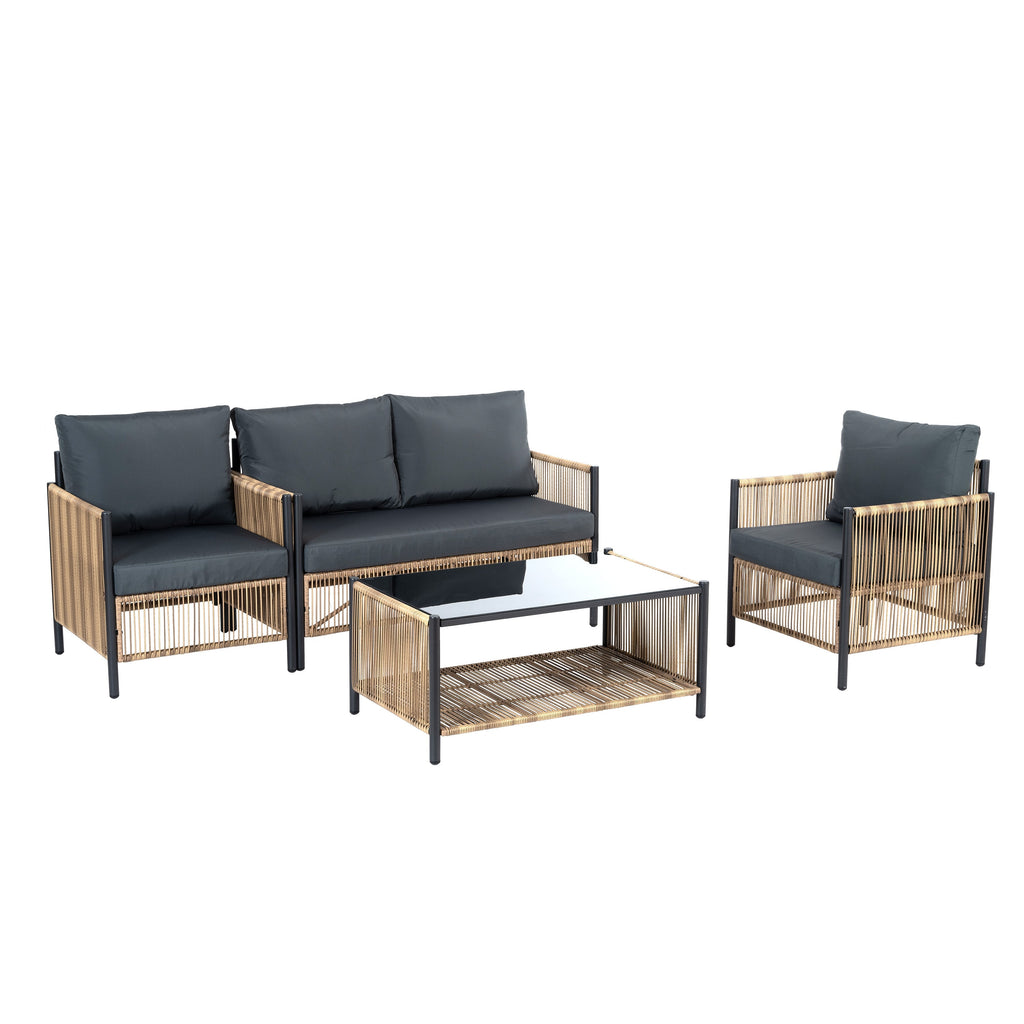 Patio 4-Piece Brown PE Wicker Sofa Set with Grey Cushions
