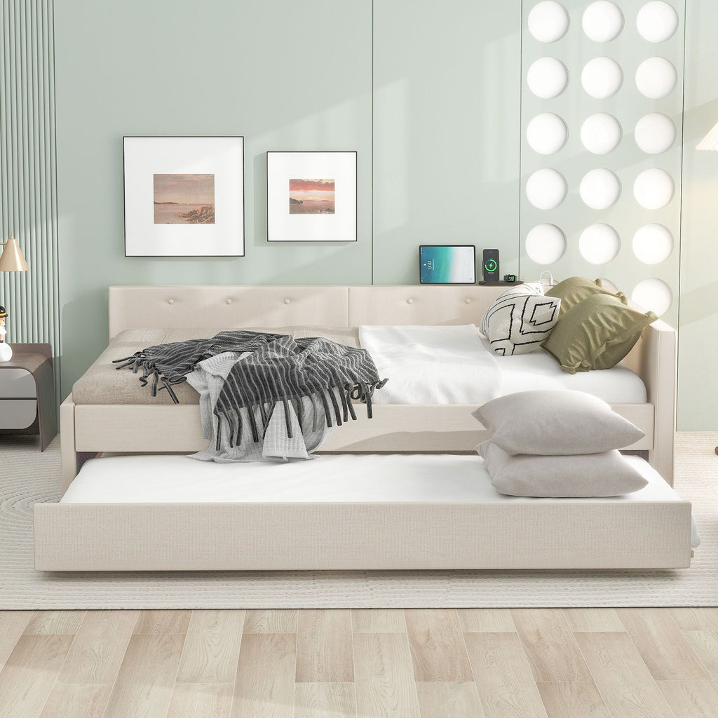 Queen Size Upholstered Platform Bed With USB And Twin Trundle - Beige