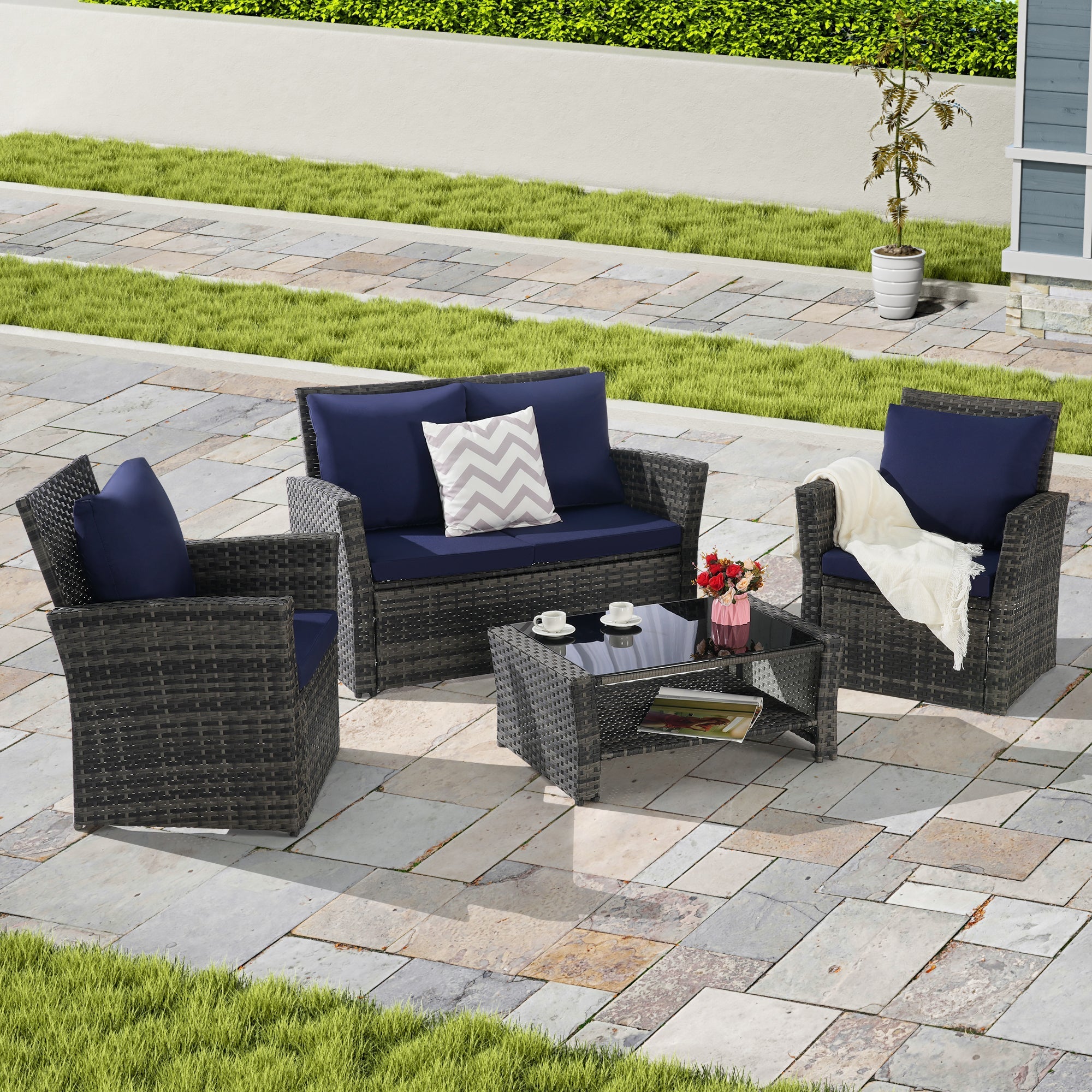 4 Pieces Outdoor Patio Furniture Set with Rattan Chairs and Tempered Glass Table