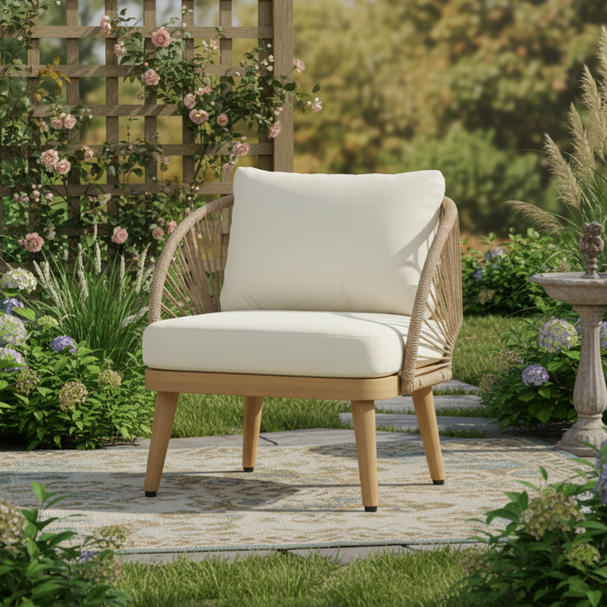 Acacia Wood Outdoor Club Chair, Curved Tub Design Patio Chair