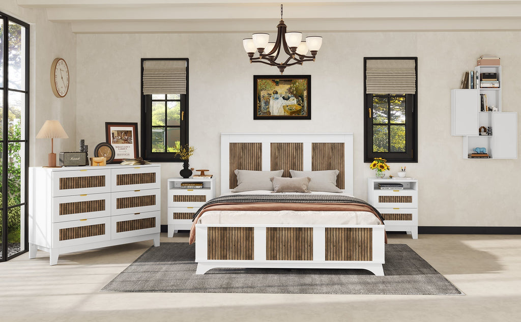 4-Pieces Bedroom Sets, Queen Size Farmhouse Platform Bed with Storage