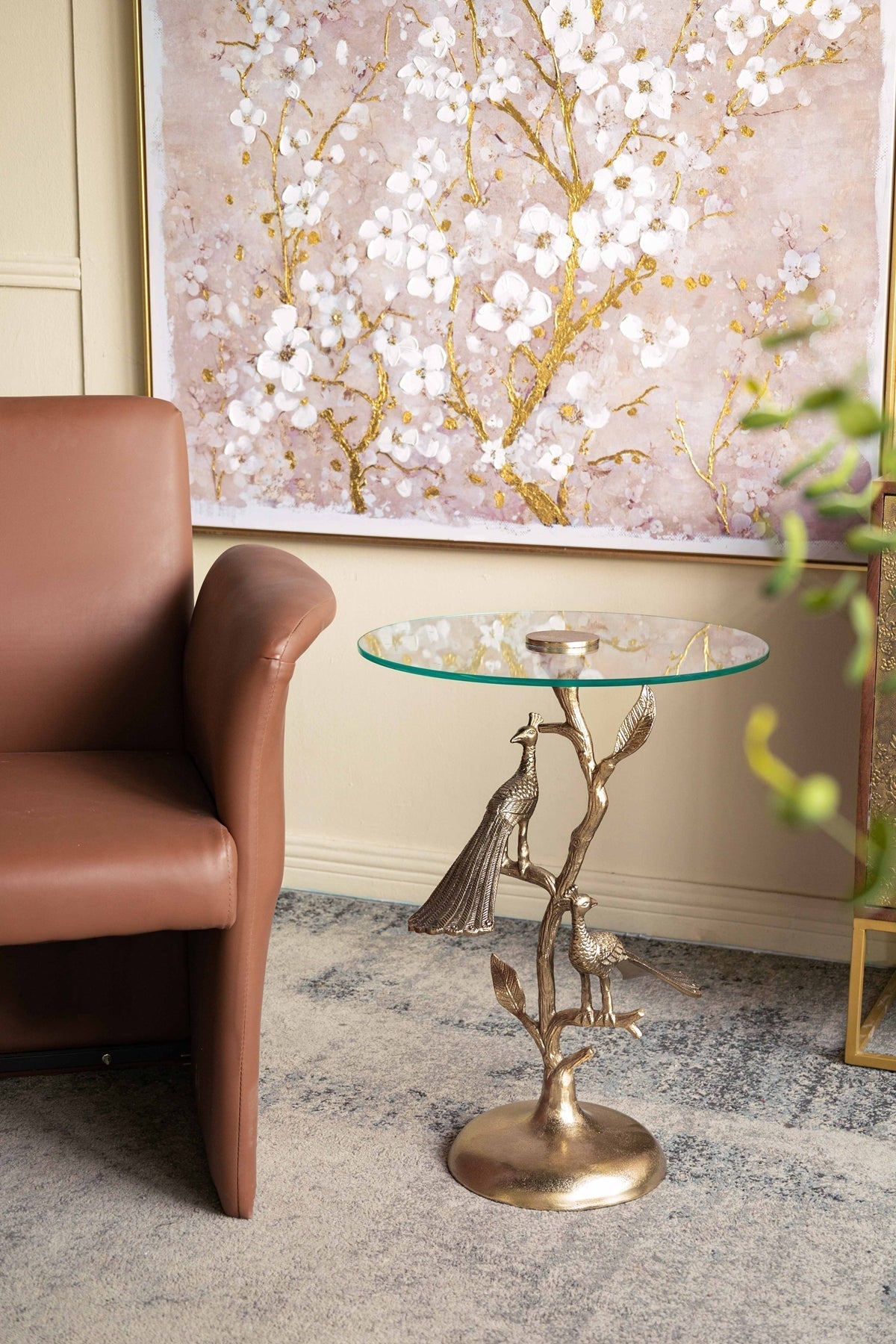 Gold Peacock Side Table with Round Glass Top