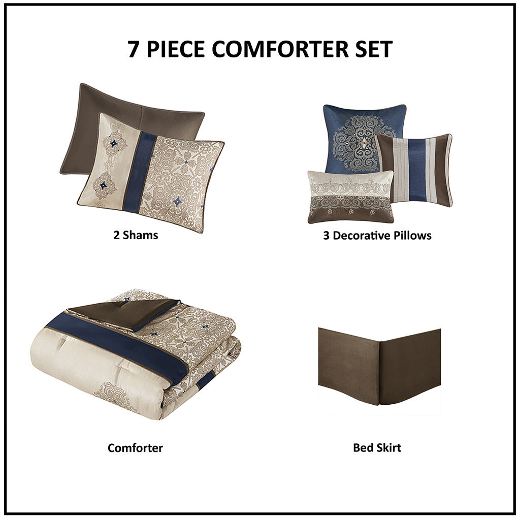 Cal King 7 Piece Jacquard Comforter Set with Throw Pillows