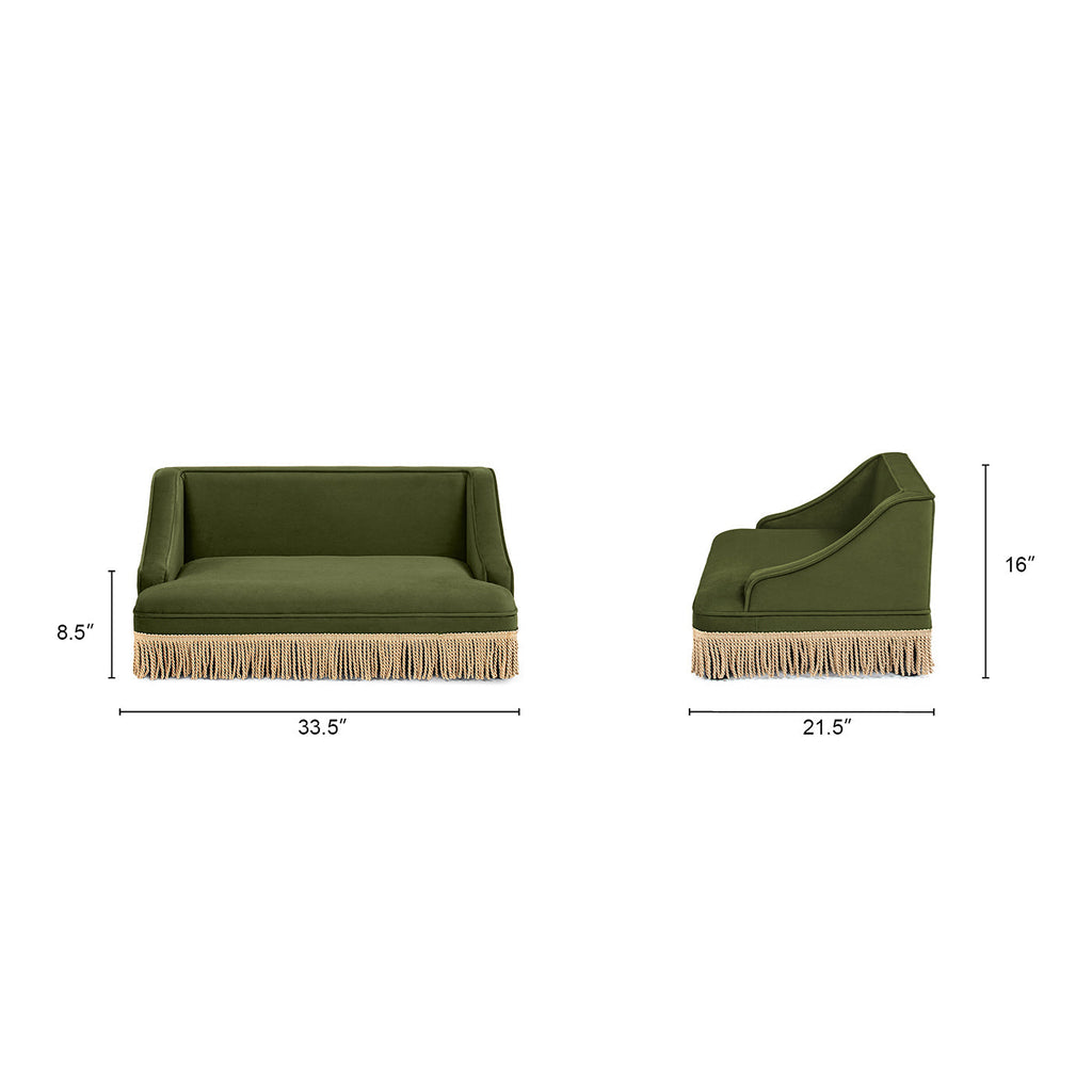 Duchess 33' Medium Princess Pet Bed Sofa with Fringe Skirt, Olive Green Velvet