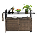 Outdoor Wicker Bar Cart with Glass Top and Wheels