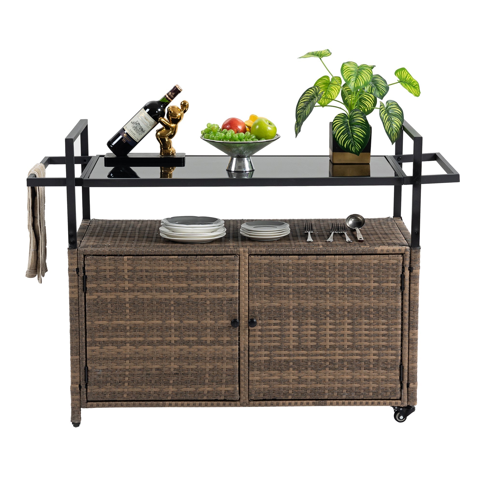 Outdoor Wicker Bar Cart with Glass Top and Wheels