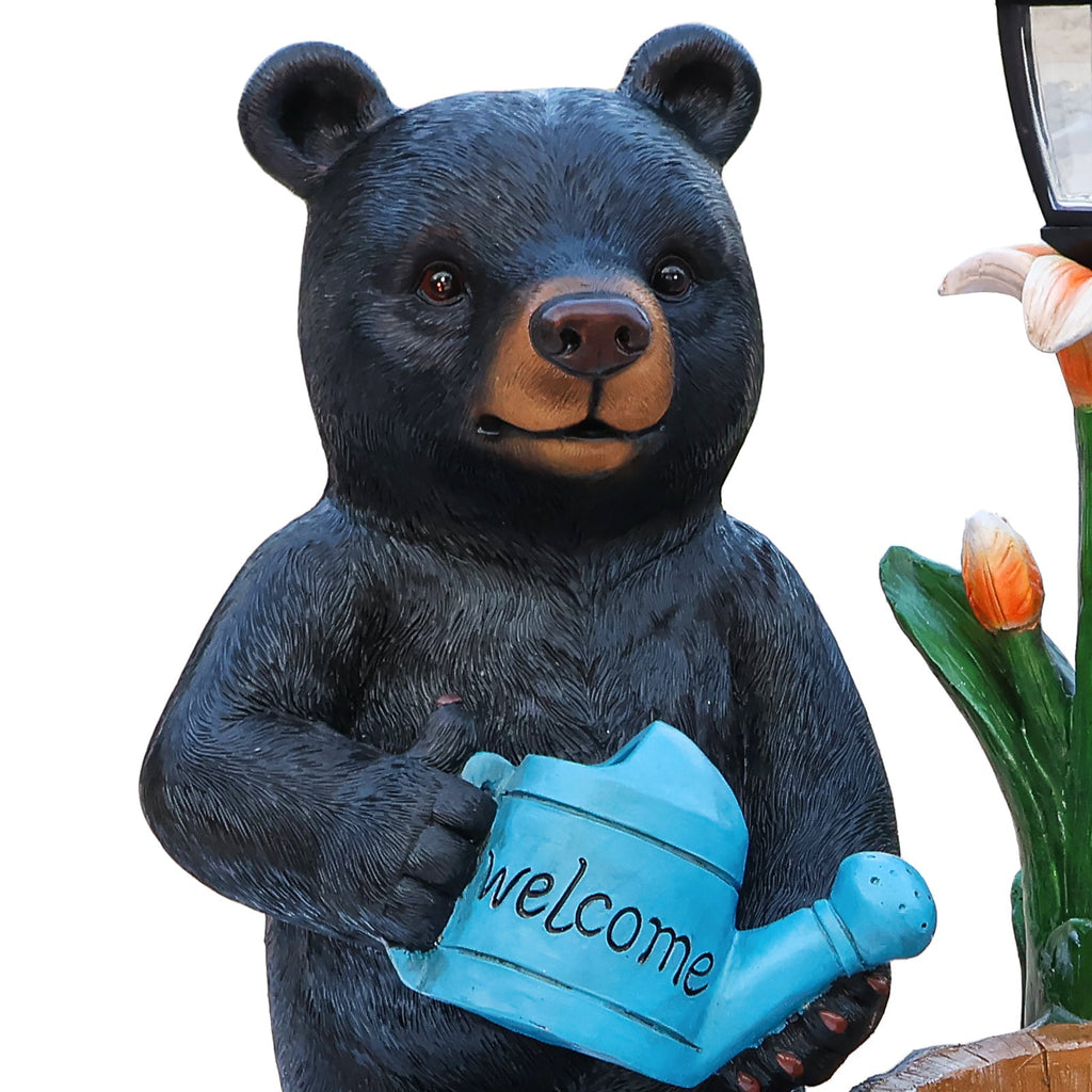 Standing Black Bear Garden Planter with Decorative Solar Lantern