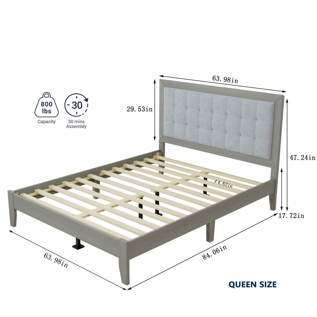 Mid Century Modern Platform Bed With Upholstered Headboard