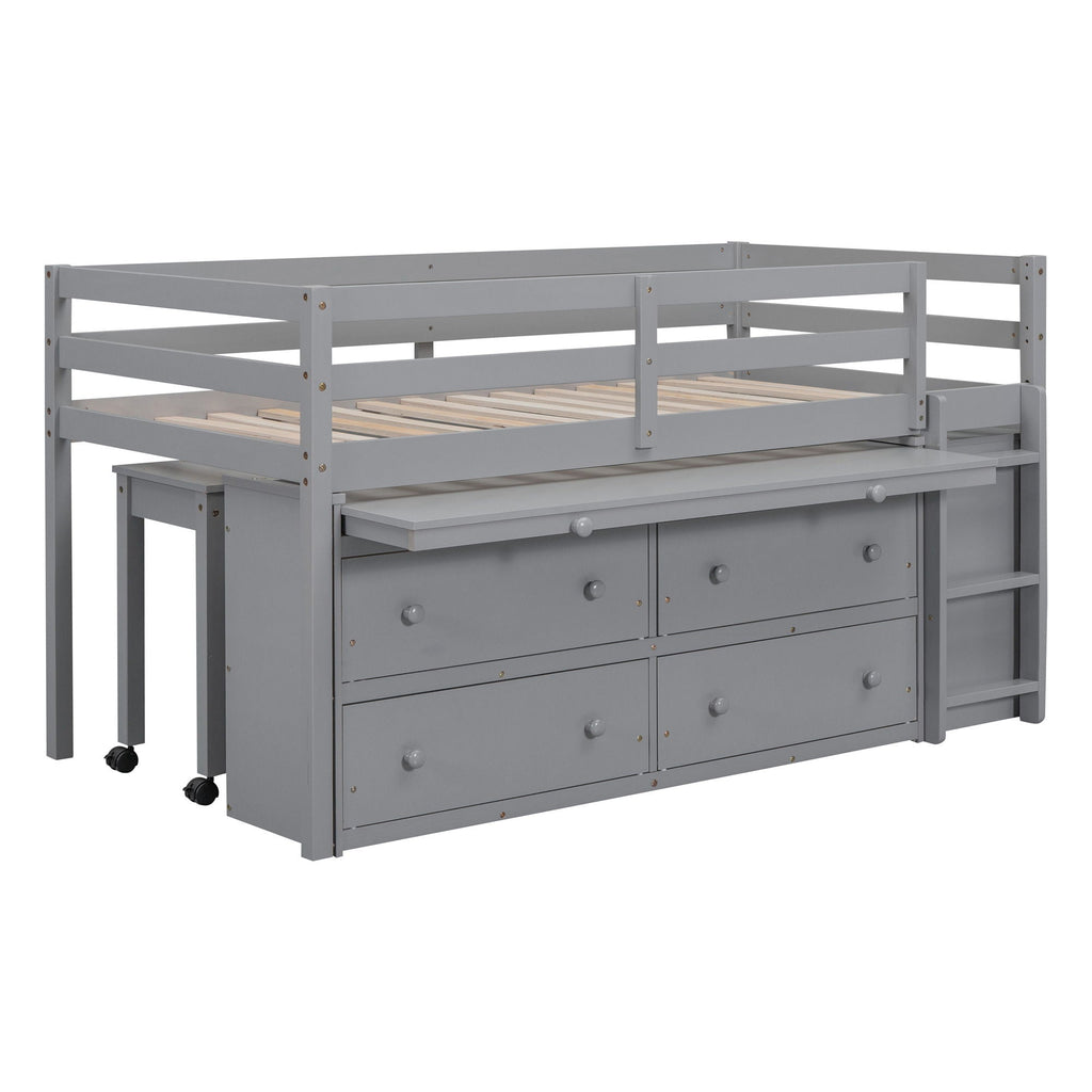 Loft Bed With Retractable Writing Desk And 4 Drawers, With Lateral Portable Desk And Shelves