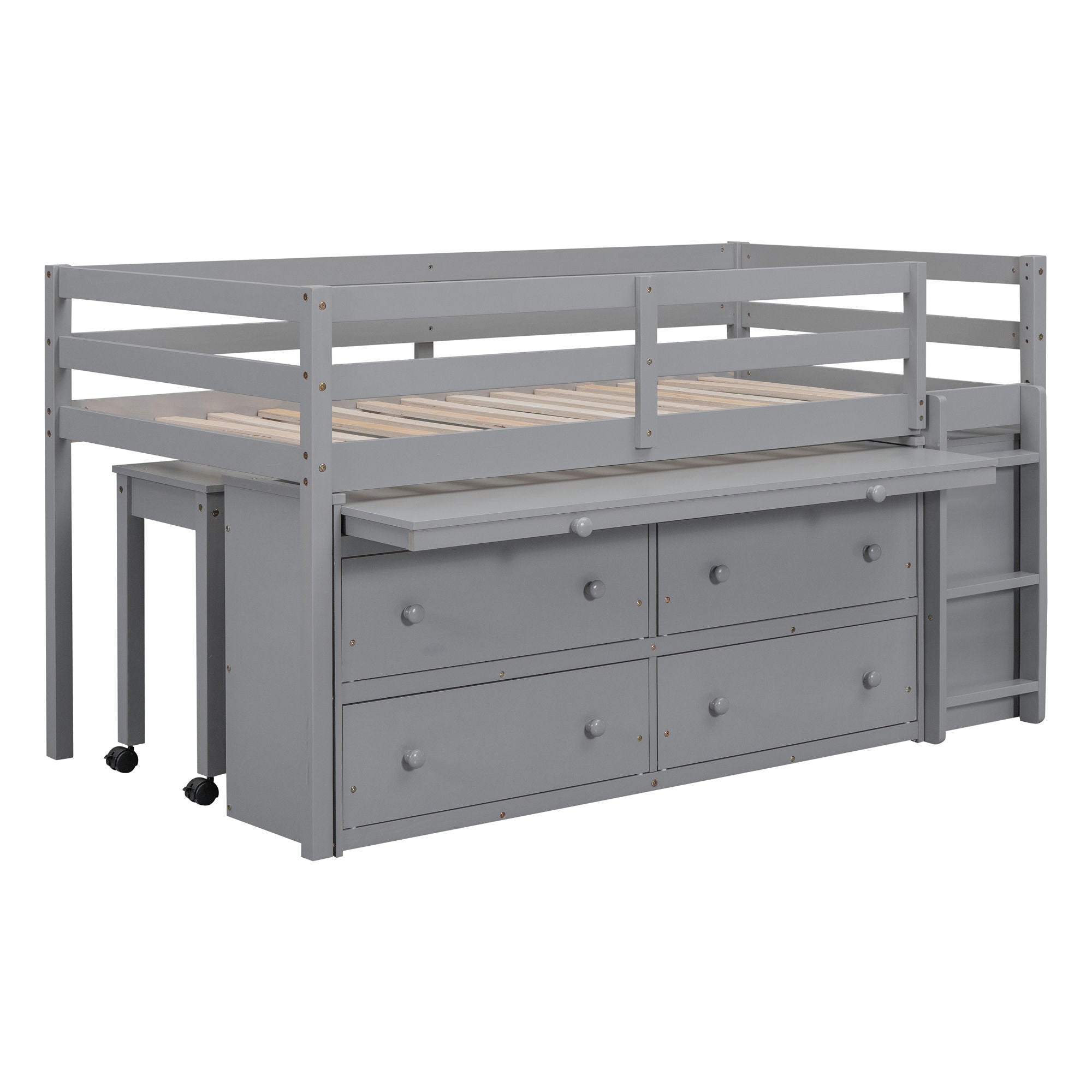 Loft Bed With Retractable Writing Desk And 4 Drawers, With Lateral Portable Desk And Shelves