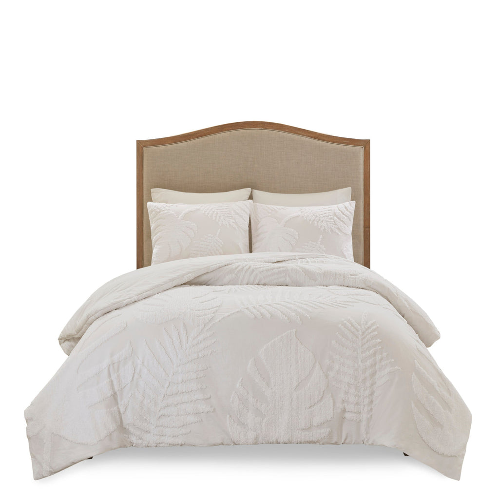 3 Piece Tufted Cotton Chenille Palm Comforter Set Off-White King/Cal King