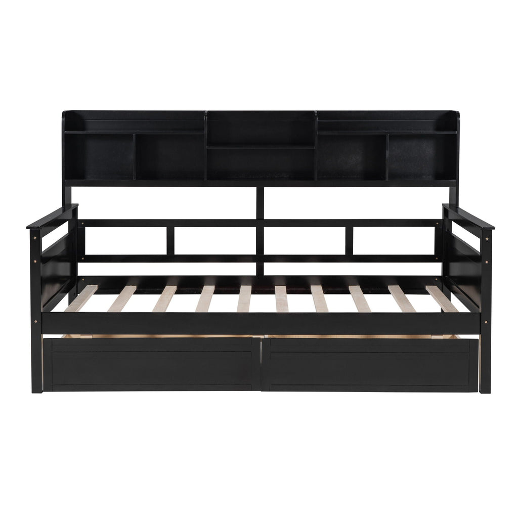 Daybed, Slat Support, With Bedside Shelves And 2 Drawers