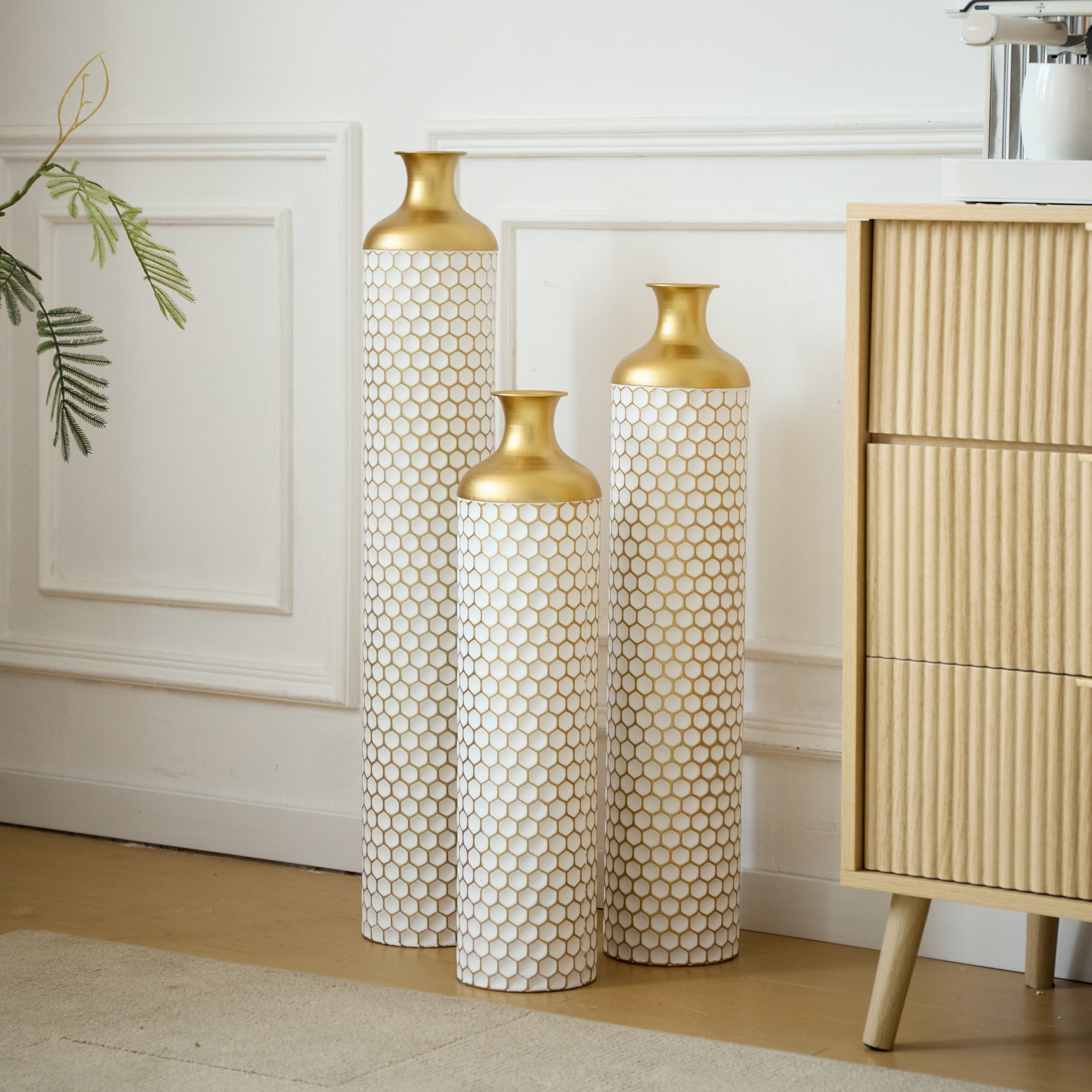 3-Piece Modern Metal Vase Set - White & Gold