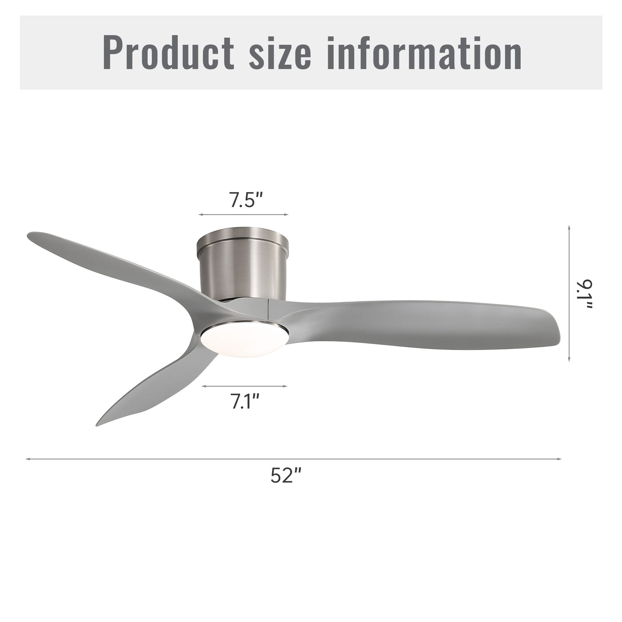 Flush Mount Ceiling Fan With Dimmable LED Light, 3 Blades, Reversible DC Motor