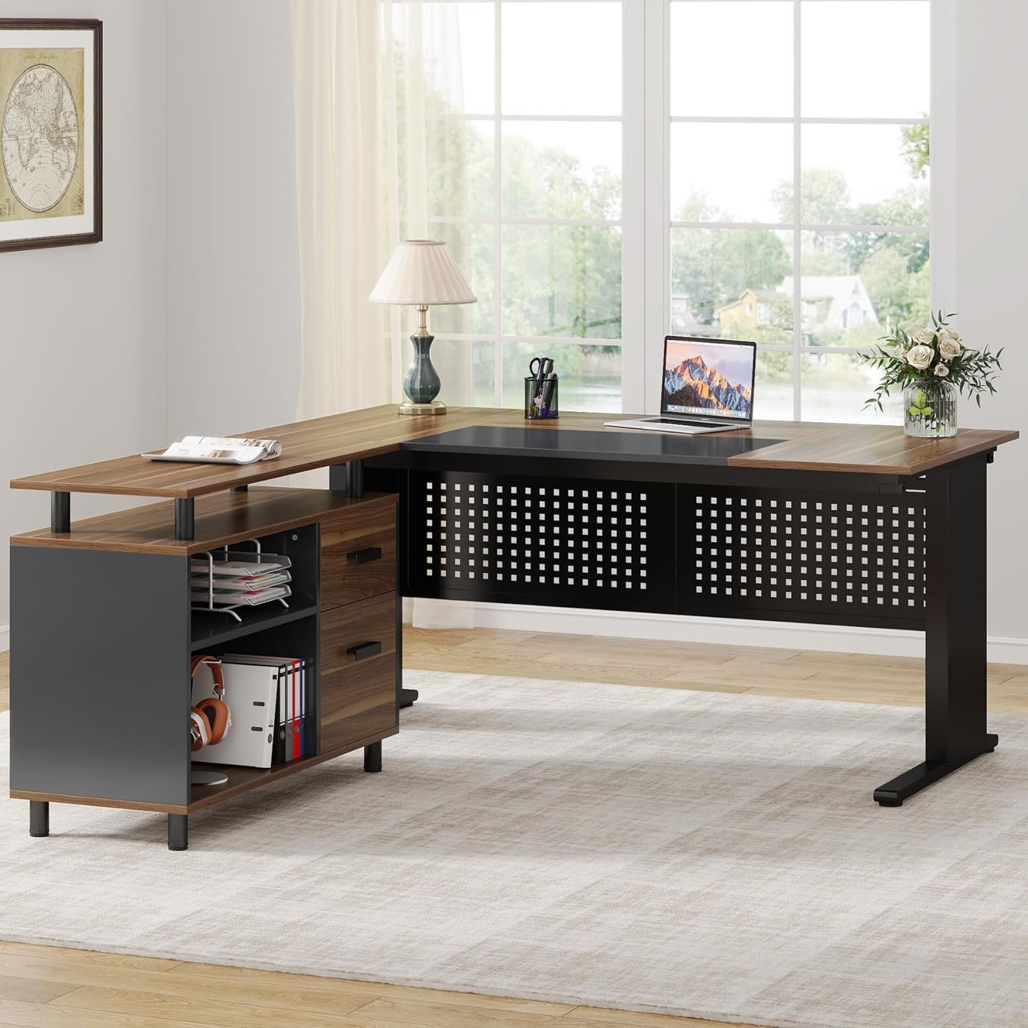L-Shaped Executive Desk With File Cabinet, Office Workstation With Drawers, Shelves & Storage