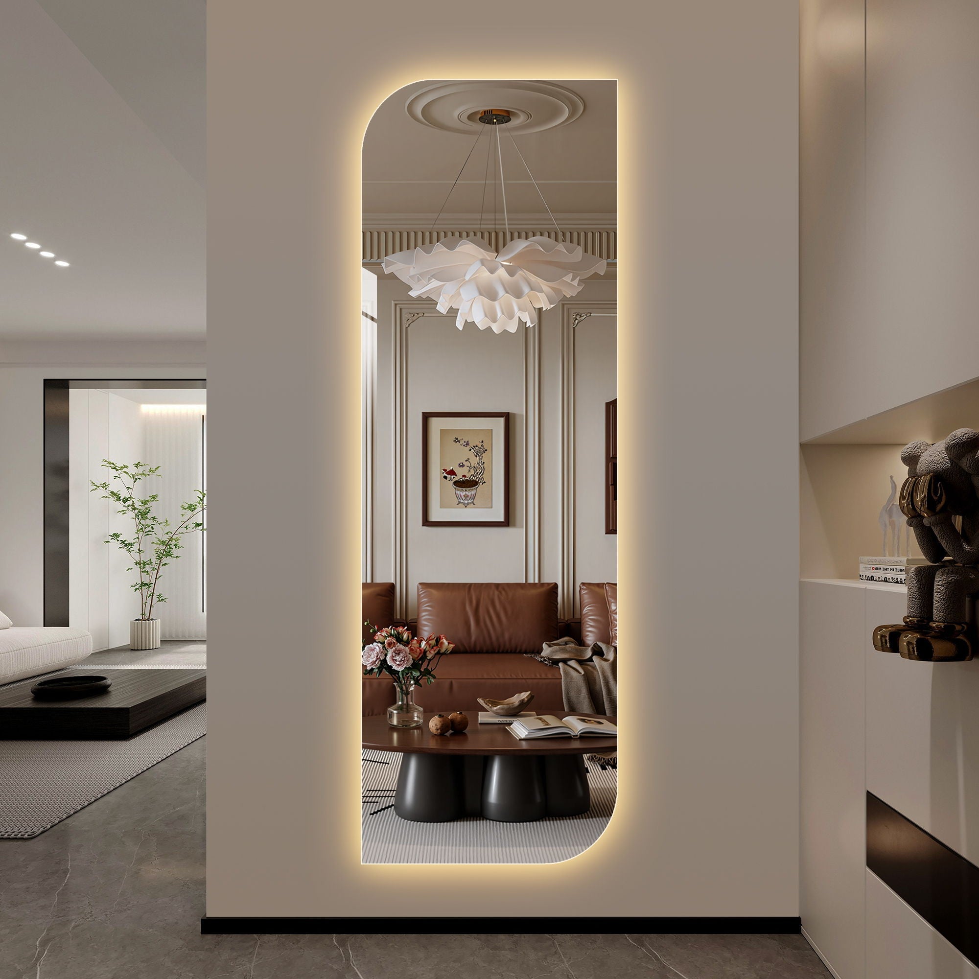 Irregular Shape LED Full Length Wall Mirror With 3 Color Dimmable Lighting - Silver