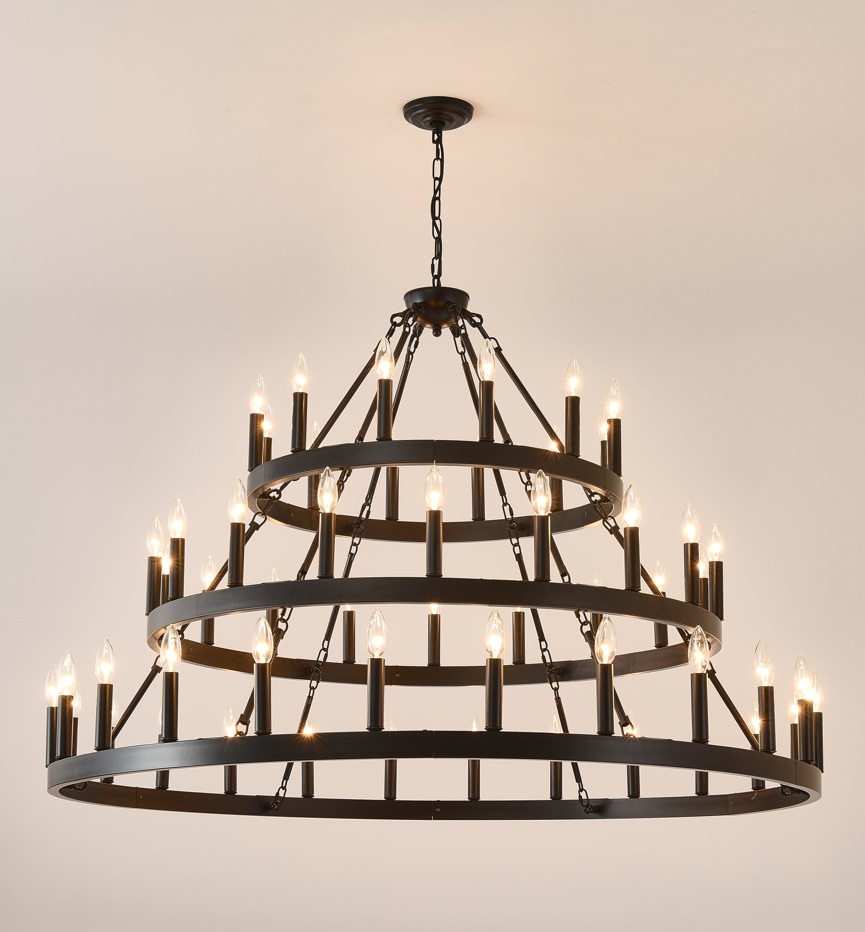 3 Tiers Wagon Wheel Chandelier - 54-Light Matte Black Metal