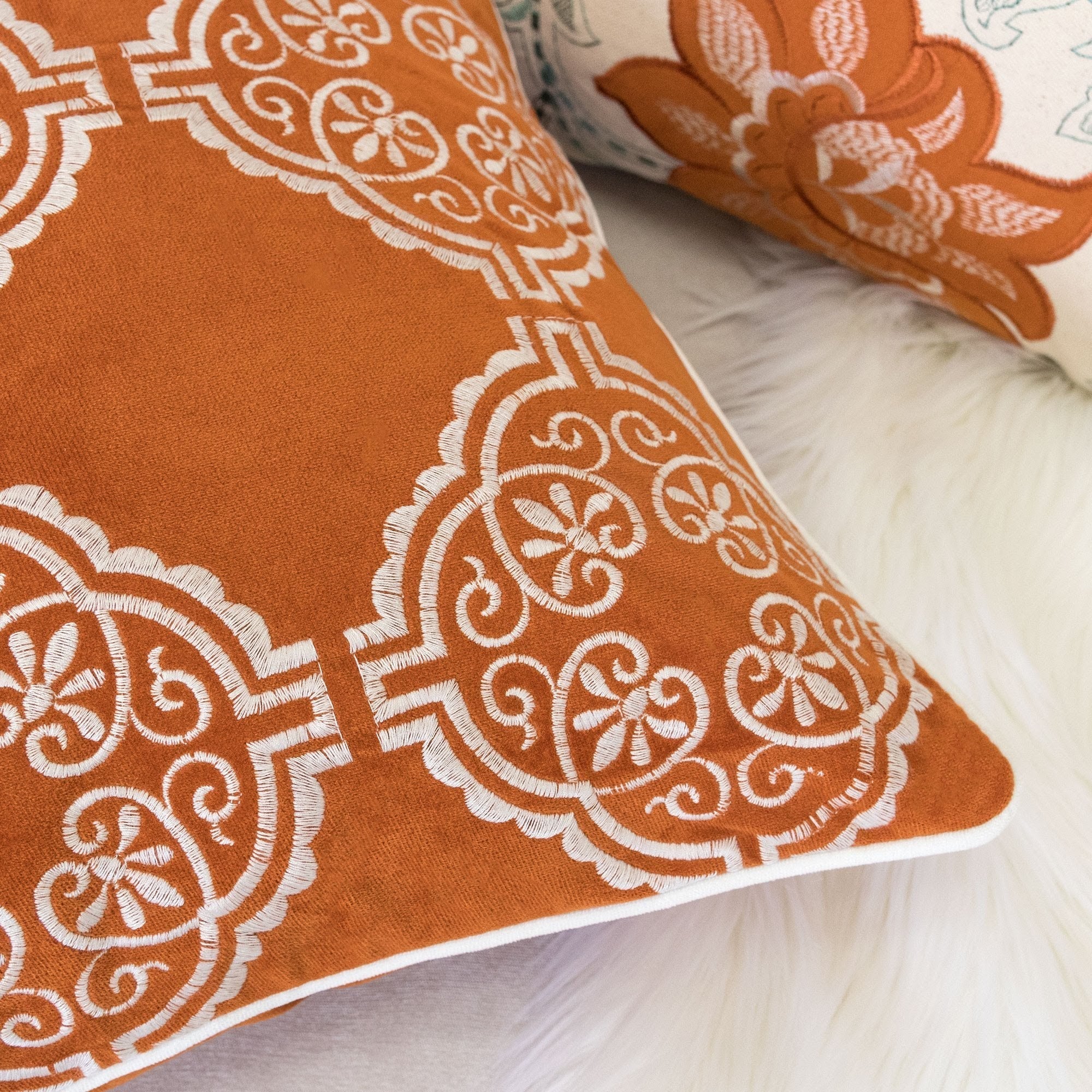 Burnt Orange Damask Embroidered Throw Pillow
